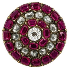 Victorian Gold & Silver GIA Old Mine Burma Ruby & Diamond Target Platter Ring