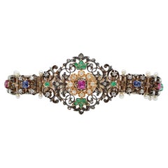 Victorian Gold & Silver Muti-Gemstone Diamond Pearl Bracelet