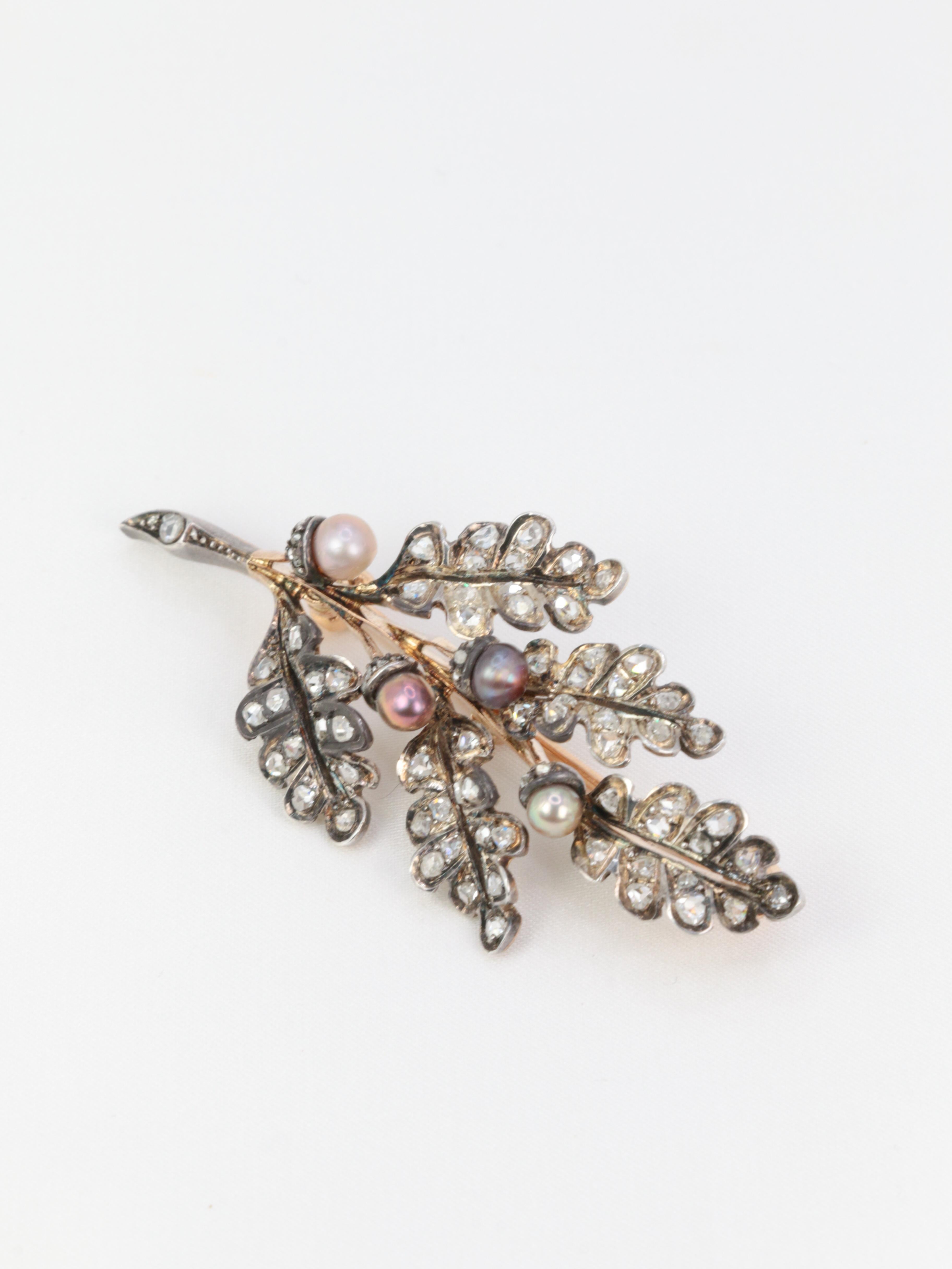 Rose Cut Victorian Gold, Silver, Natural Pearls and Rose-Cut Diamond Leaf Brooch, circa