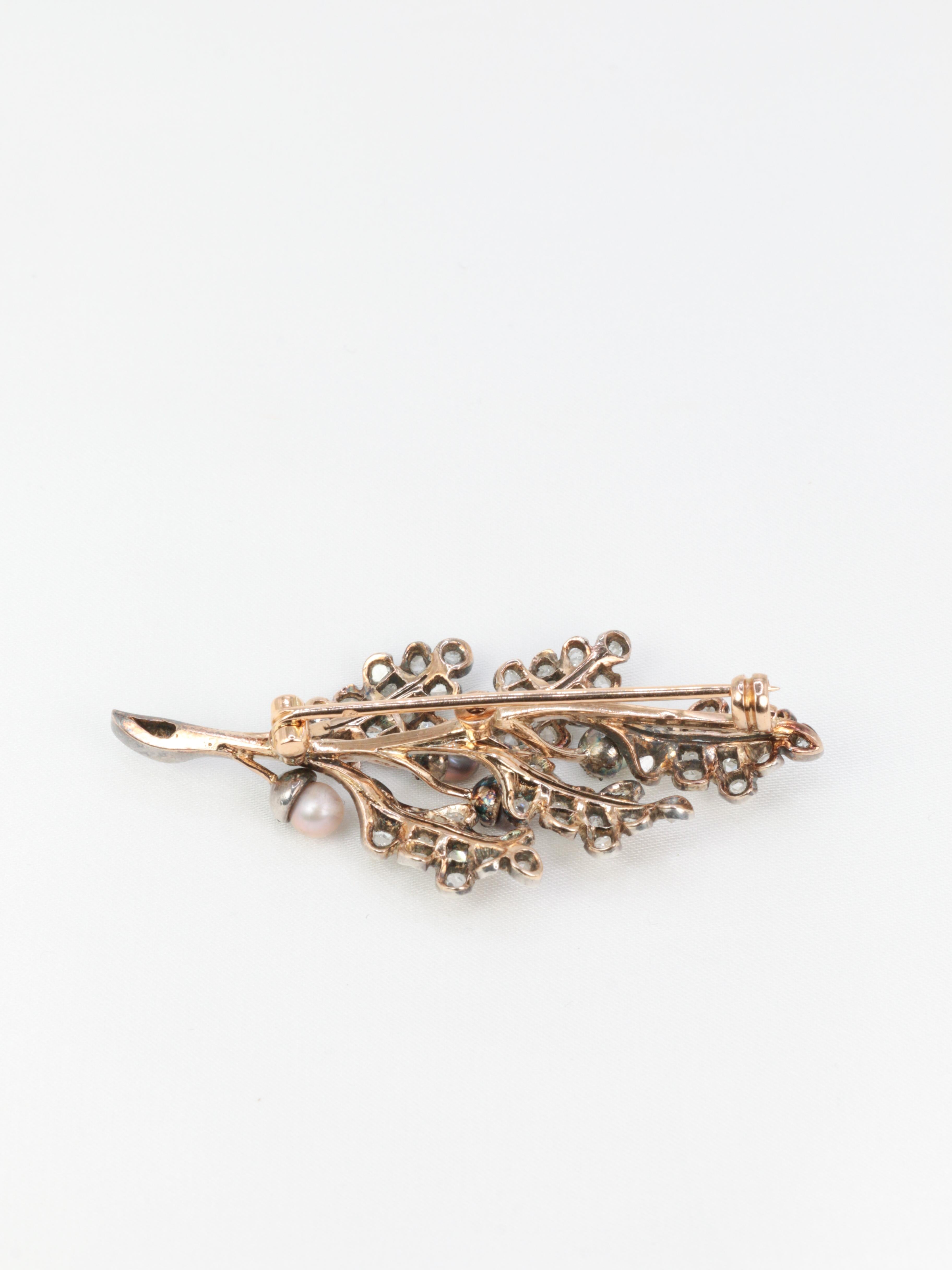 Women's Victorian Gold, Silver, Natural Pearls and Rose-Cut Diamond Leaf Brooch, circa