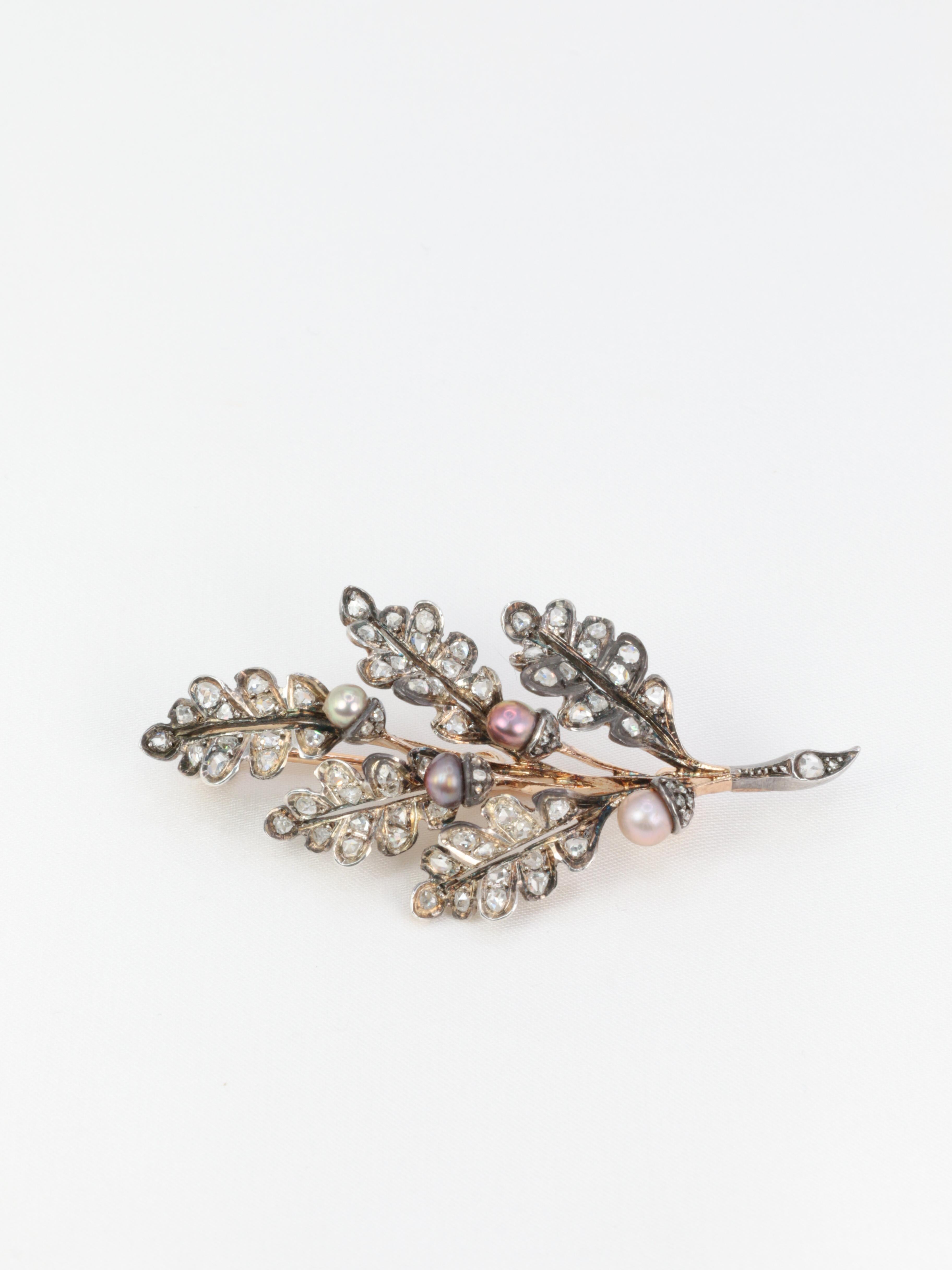 Victorian Gold, Silver, Natural Pearls and Rose-Cut Diamond Leaf Brooch, circa 1