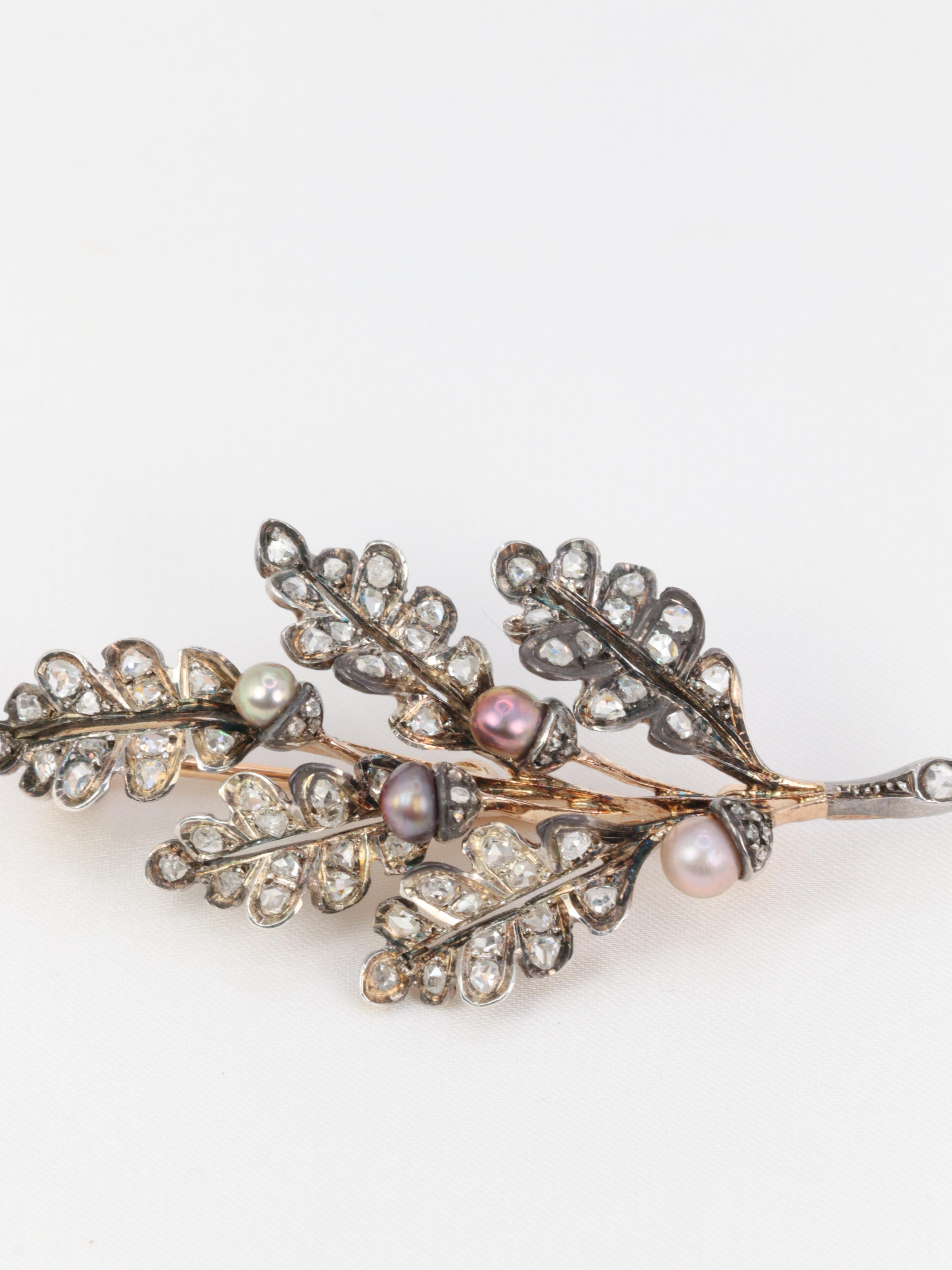 Victorian Gold, Silver, Natural Pearls and Rose-Cut Diamond Leaf Brooch, circa 2