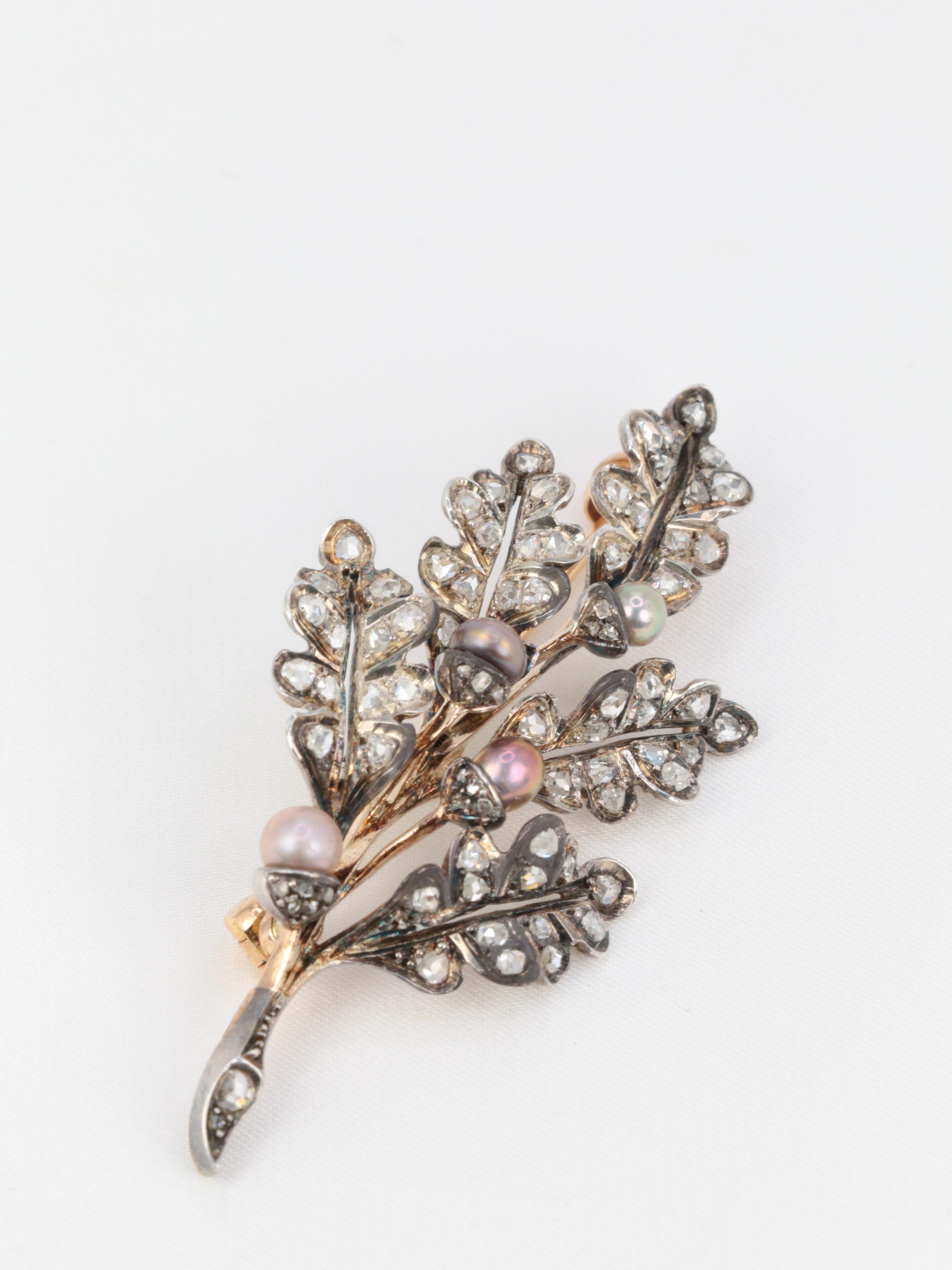 Victorian Gold, Silver, Natural Pearls and Rose-Cut Diamond Leaf Brooch, circa 3