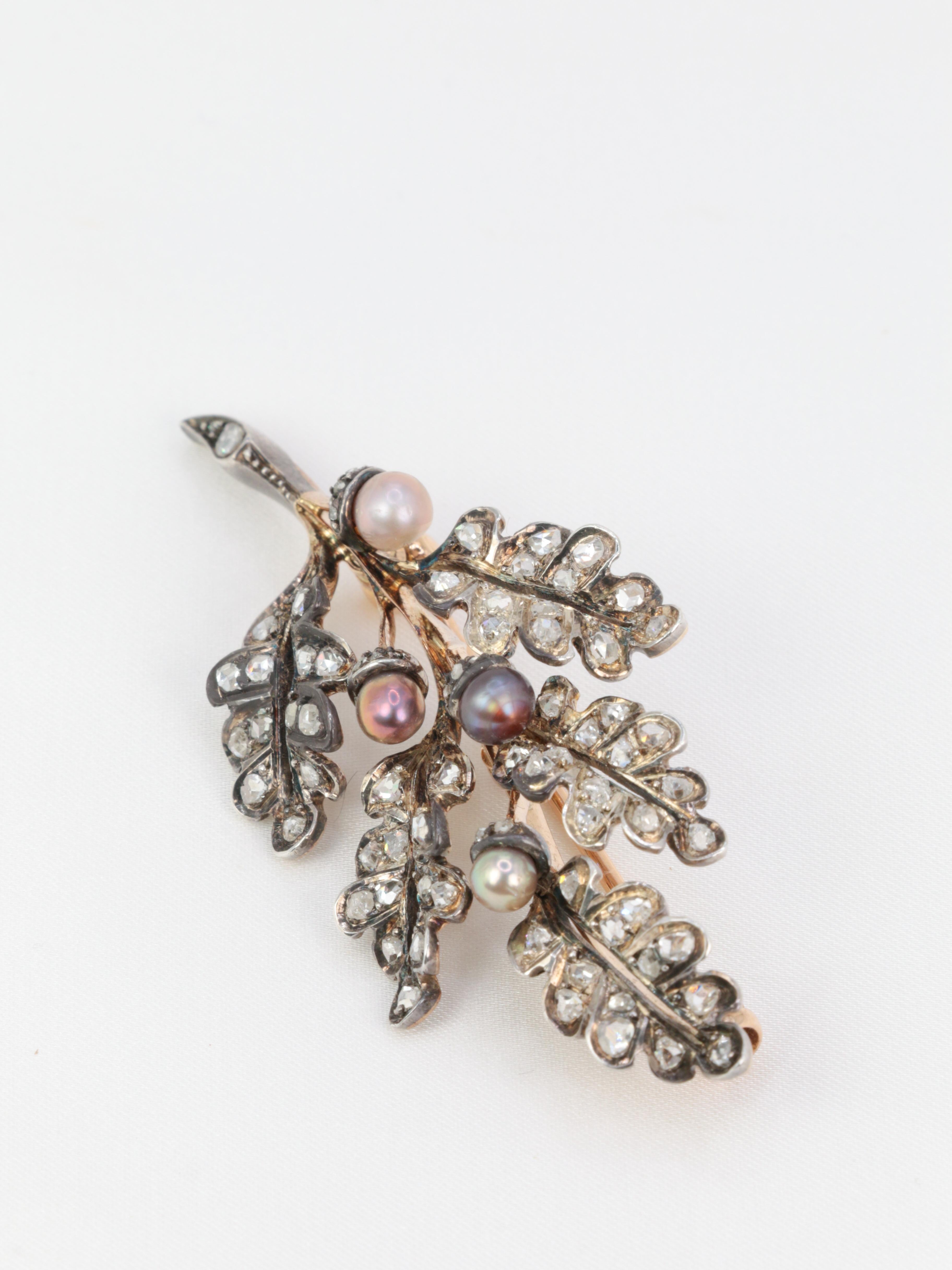 Victorian Gold, Silver, Natural Pearls and Rose-Cut Diamond Leaf Brooch, circa 4