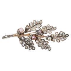 Antique Victorian Gold, Silver, Natural Pearls and Rose-Cut Diamond Leaf Brooch, circa