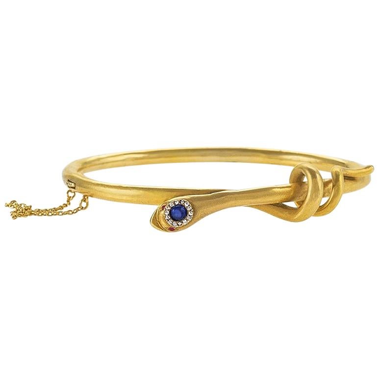 Victorian Gold Snake Bangle with Diamond, Sapphire and Ruby