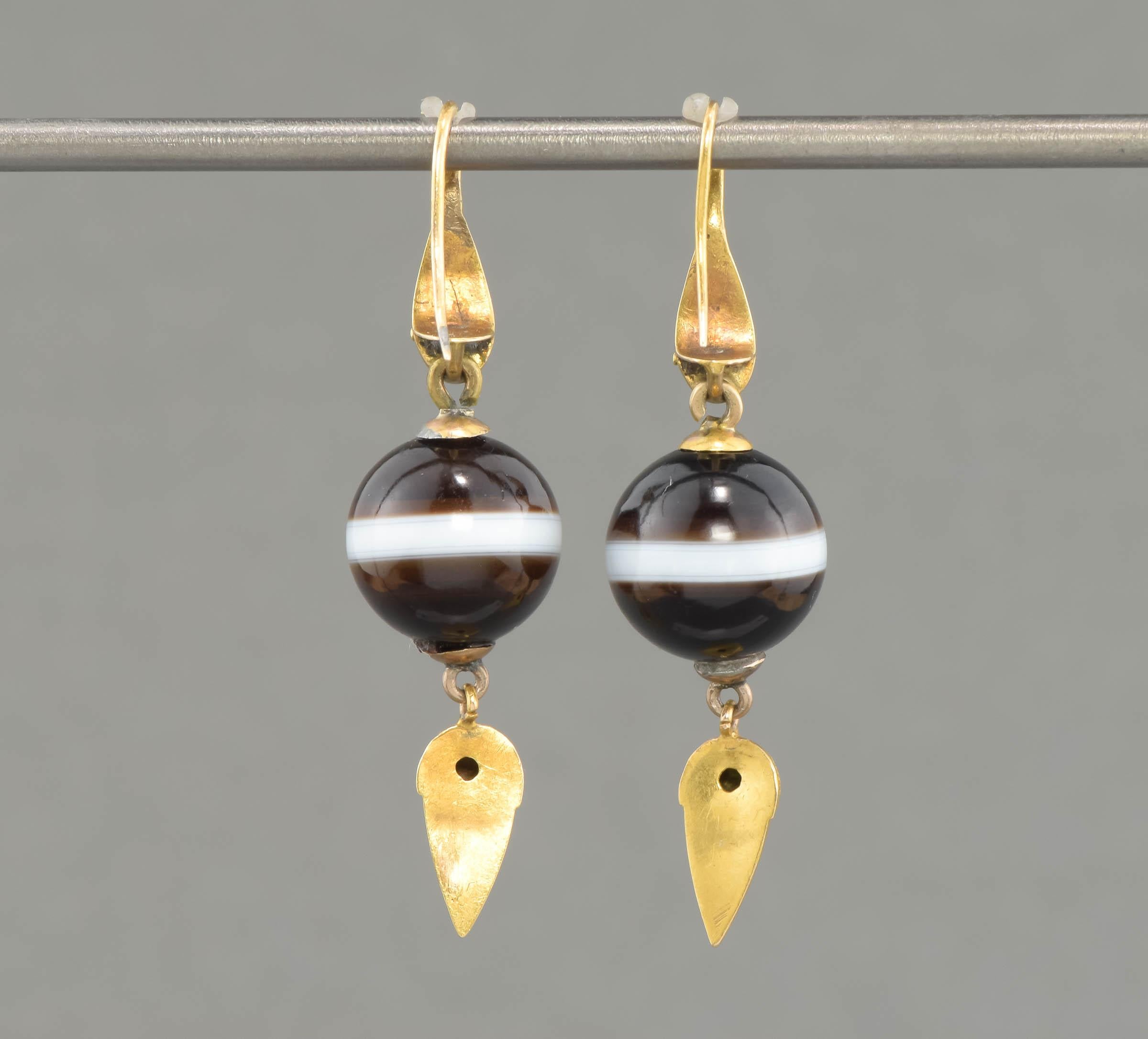Bead Victorian Gold Snake Earrings with Banded Agate Drops