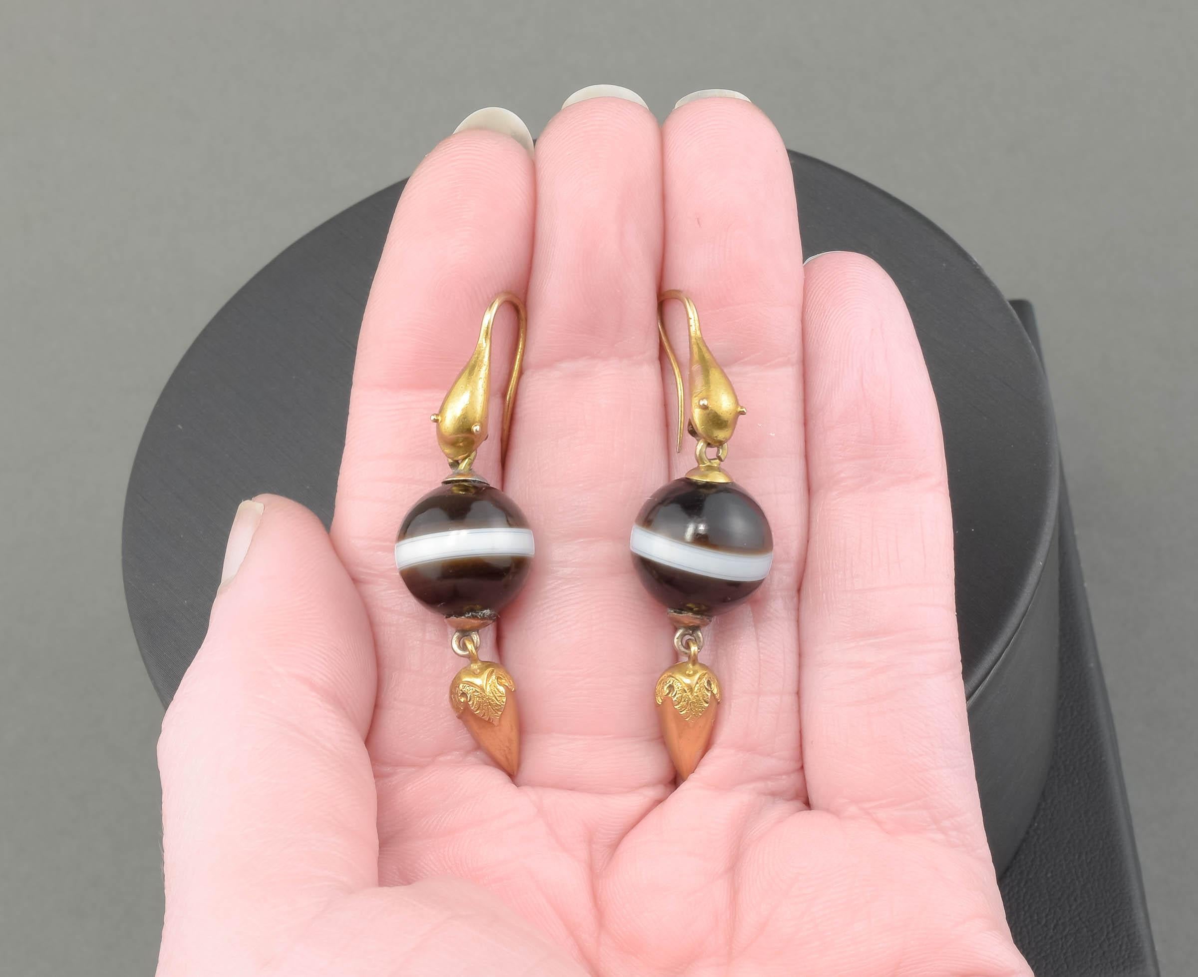 Women's Victorian Gold Snake Earrings with Banded Agate Drops