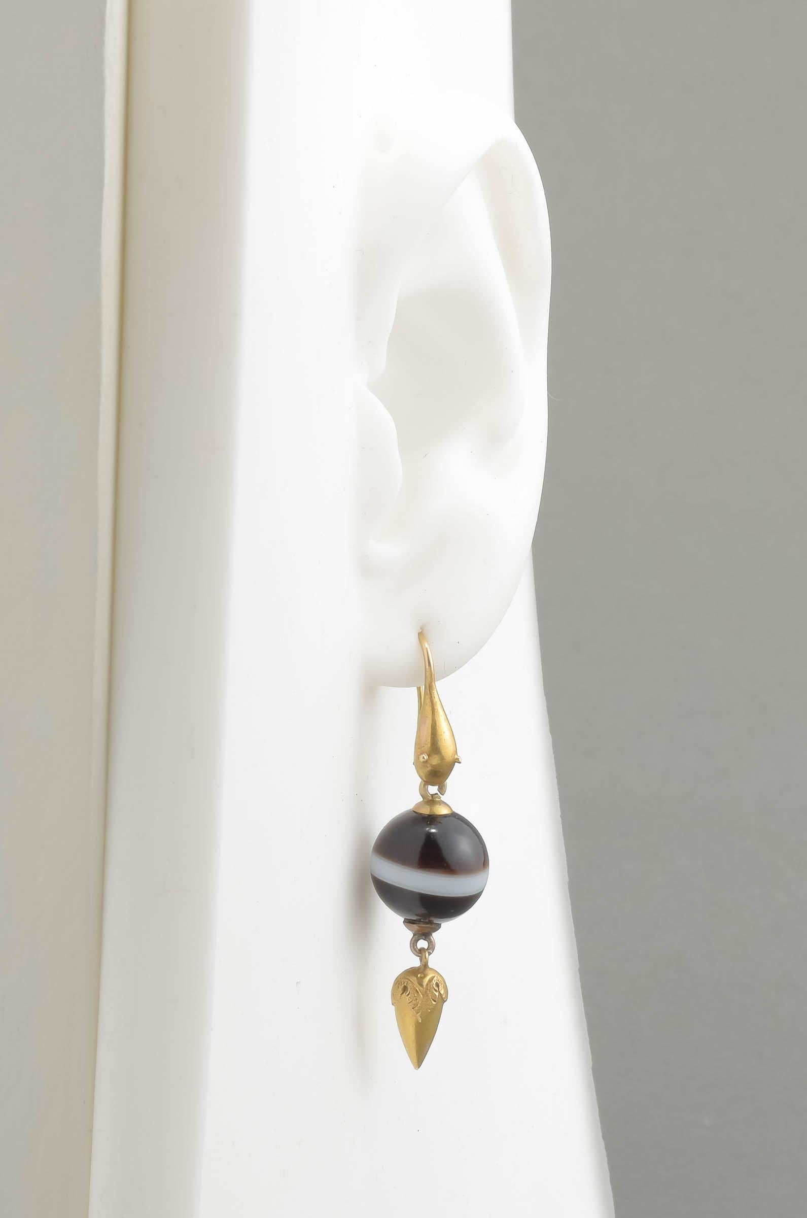 Victorian Gold Snake Earrings with Banded Agate Drops 3