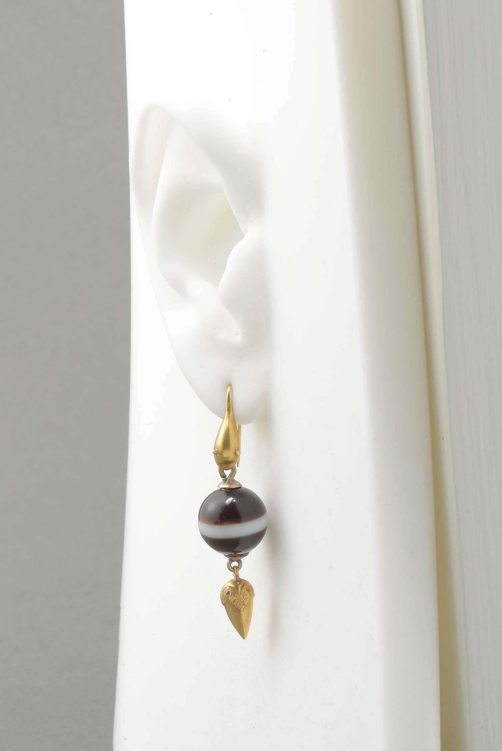 Victorian Gold Snake Earrings with Banded Agate Drops 4
