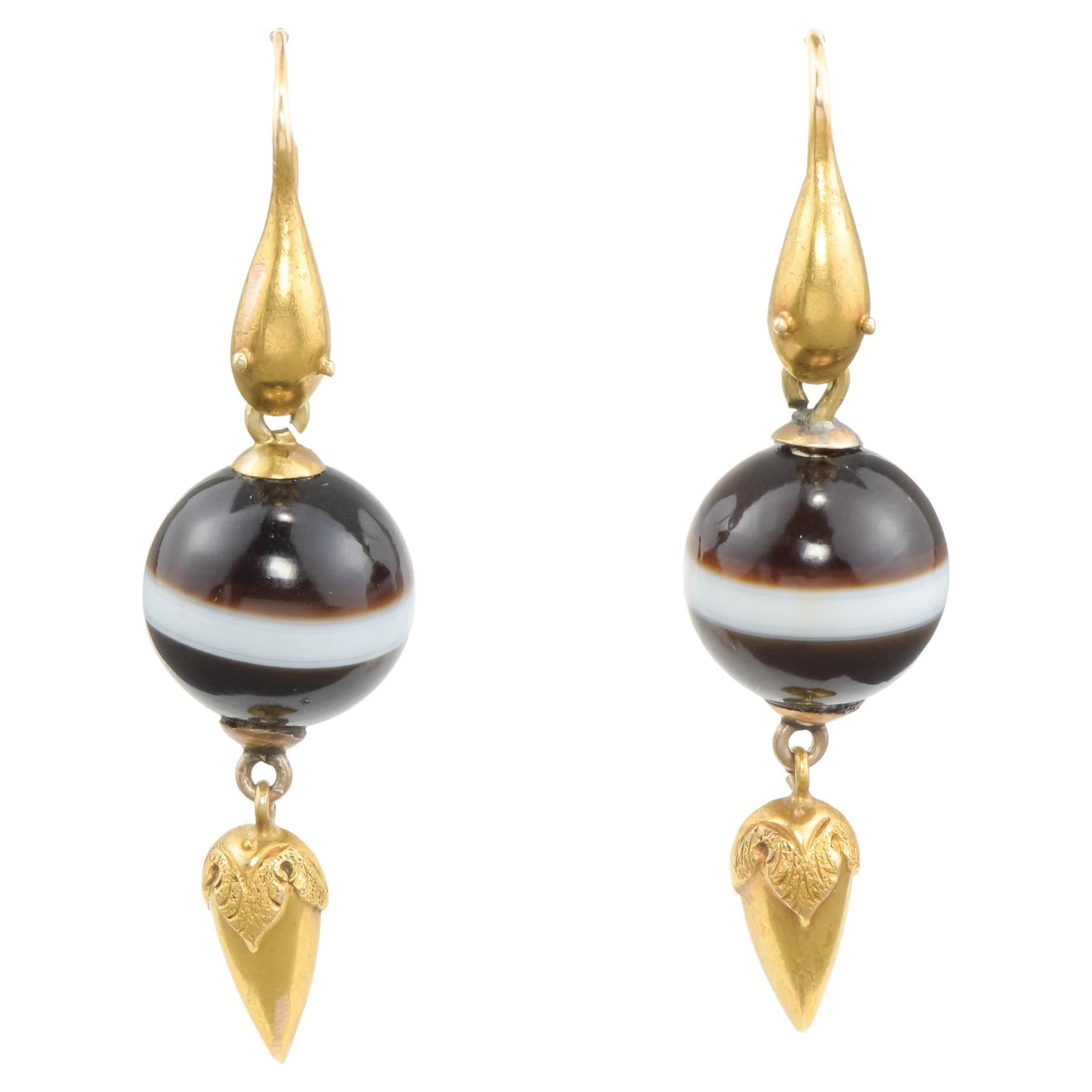 Victorian Gold Snake Earrings with Banded Agate Drops