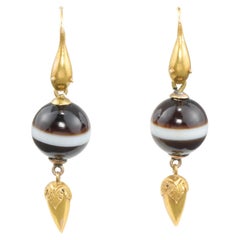 Used Victorian Gold Snake Earrings with Banded Agate Drops