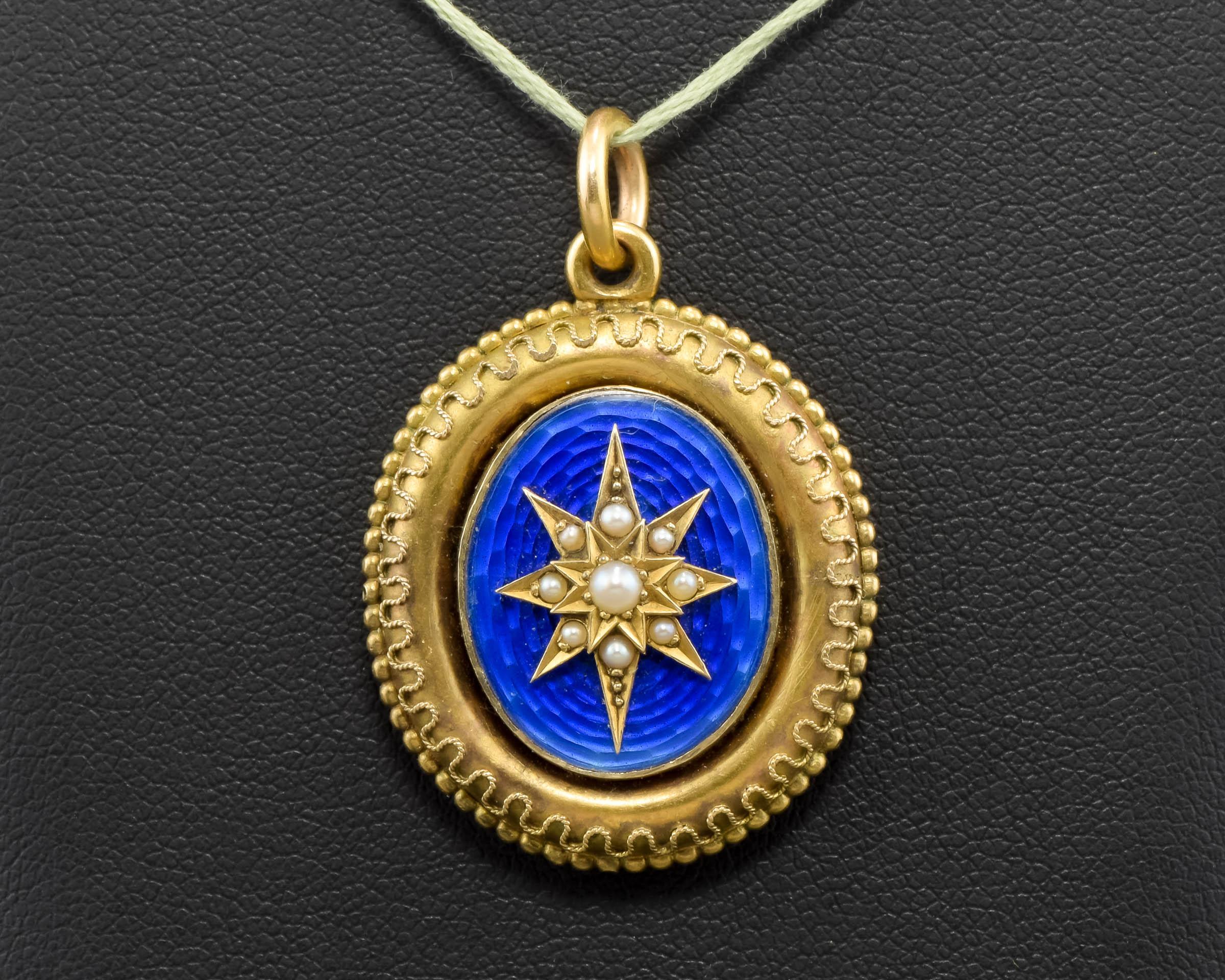 Round Cut Victorian Gold Star Locket with Blue Guilloche Enamel & Pearls
