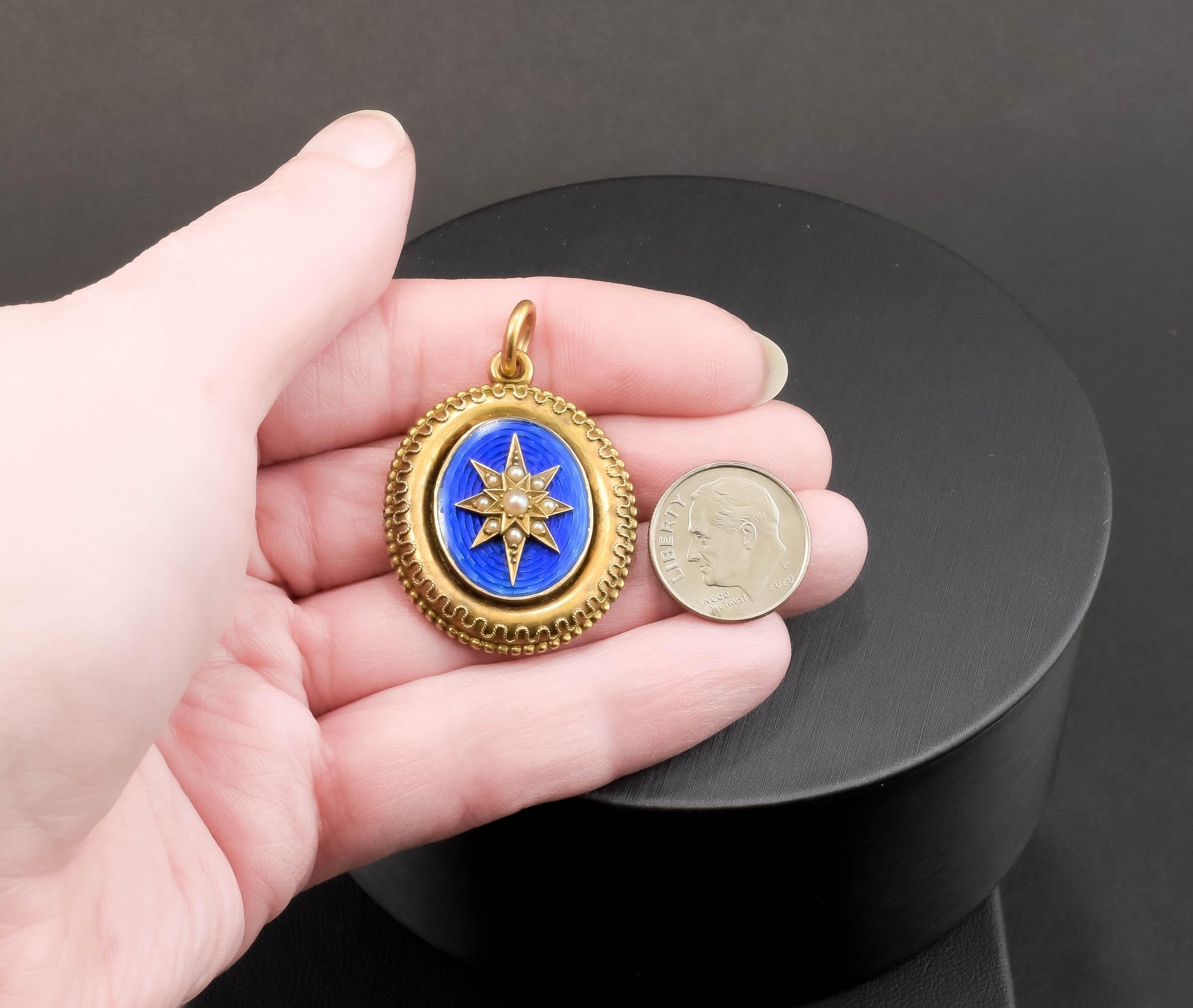 Victorian Gold Star Locket with Blue Guilloche Enamel & Pearls In Good Condition In Danvers, MA