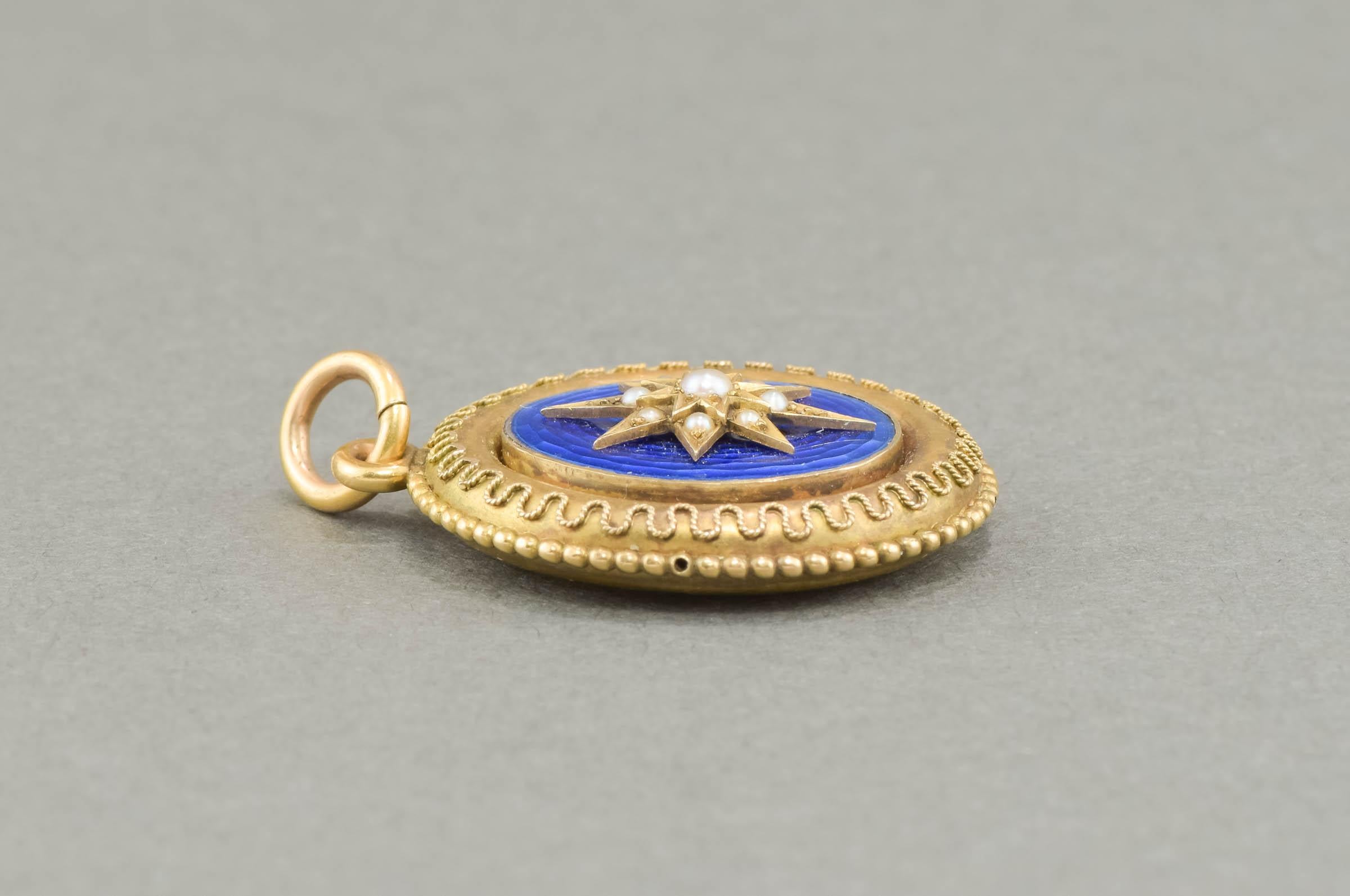 Victorian Gold Star Locket with Blue Guilloche Enamel & Pearls 2