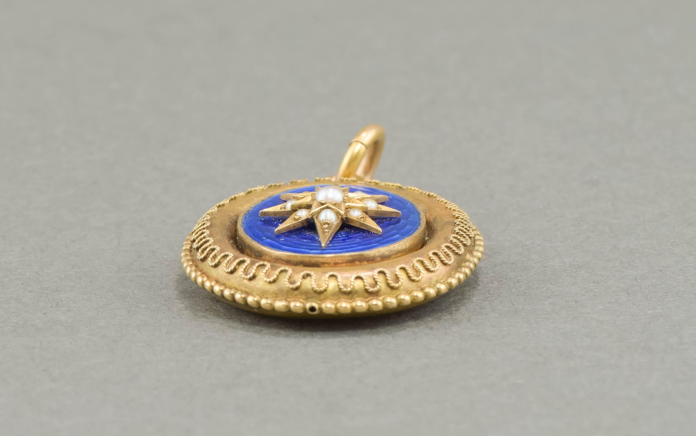 Victorian Gold Star Locket with Blue Guilloche Enamel & Pearls 3