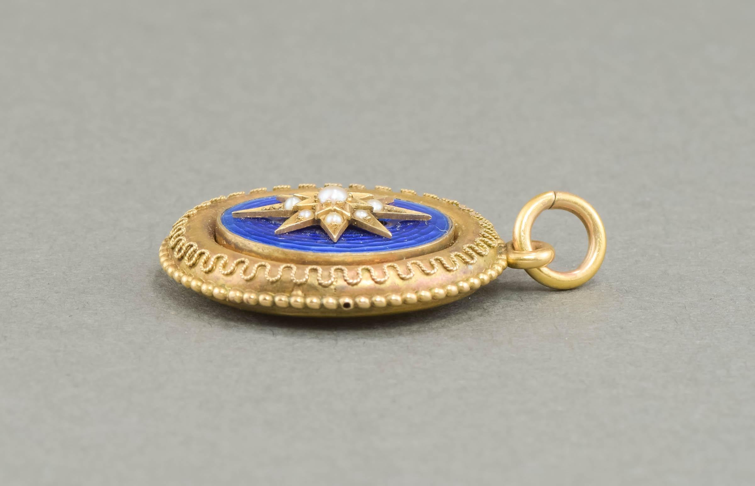 Victorian Gold Star Locket with Blue Guilloche Enamel & Pearls 4