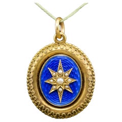 Antique Victorian Gold Star Locket with Blue Guilloche Enamel & Pearls