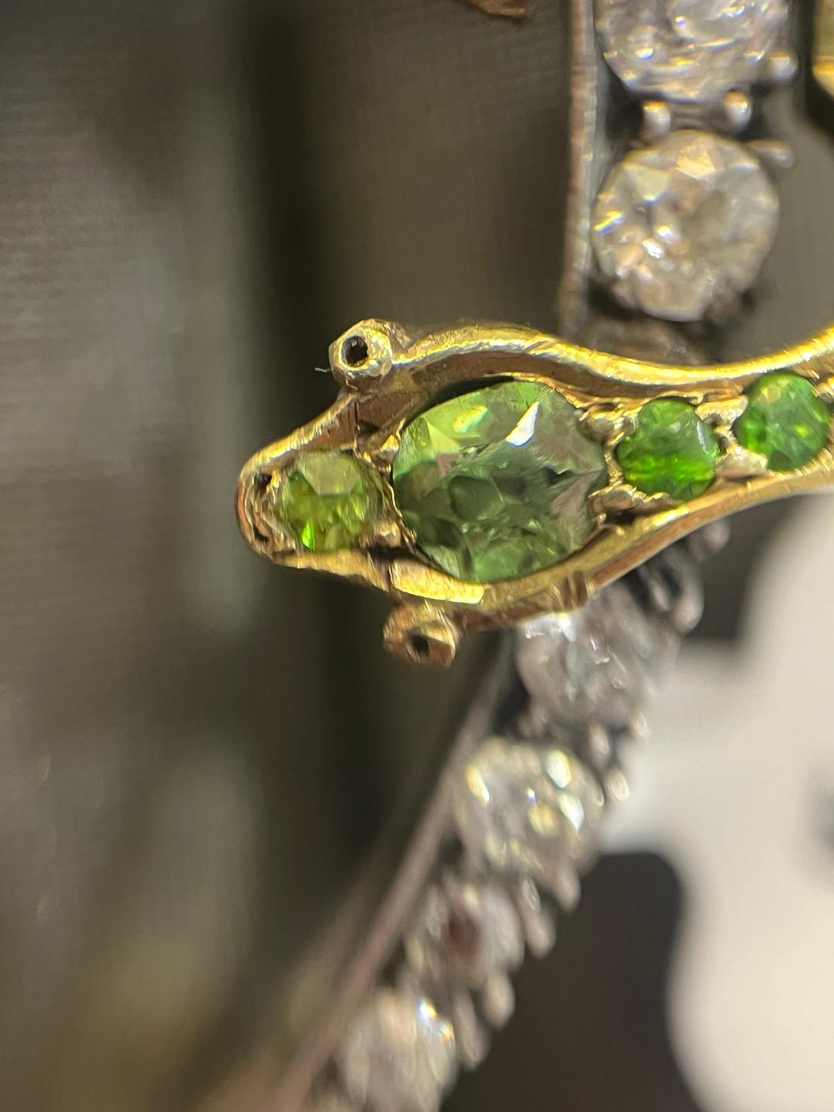 Late Victorian Victorian Gold, Sterling Silver, Diamond, and Demantoid Garnet Serpent Pin For Sale