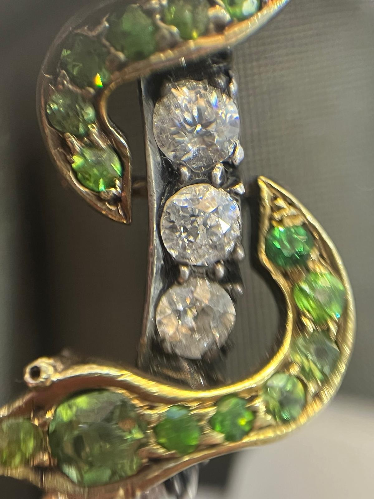 Old Mine Cut Victorian Gold, Sterling Silver, Diamond, and Demantoid Garnet Serpent Pin For Sale