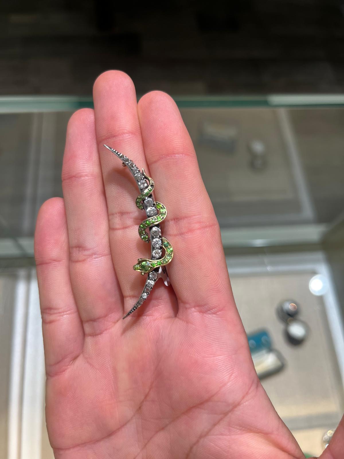 Victorian Gold, Sterling Silver, Diamond, and Demantoid Garnet Serpent Pin In Good Condition For Sale In Princeton, NJ