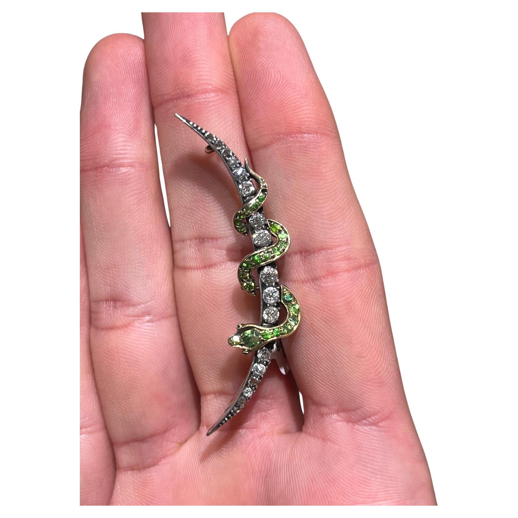 Victorian Gold, Sterling Silver, Diamond, and Demantoid Garnet Serpent Pin For Sale