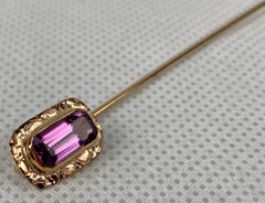 Stickpin with a Rectangular Frame, Faceted Amethyst & Hand Engraved-10k y.g.