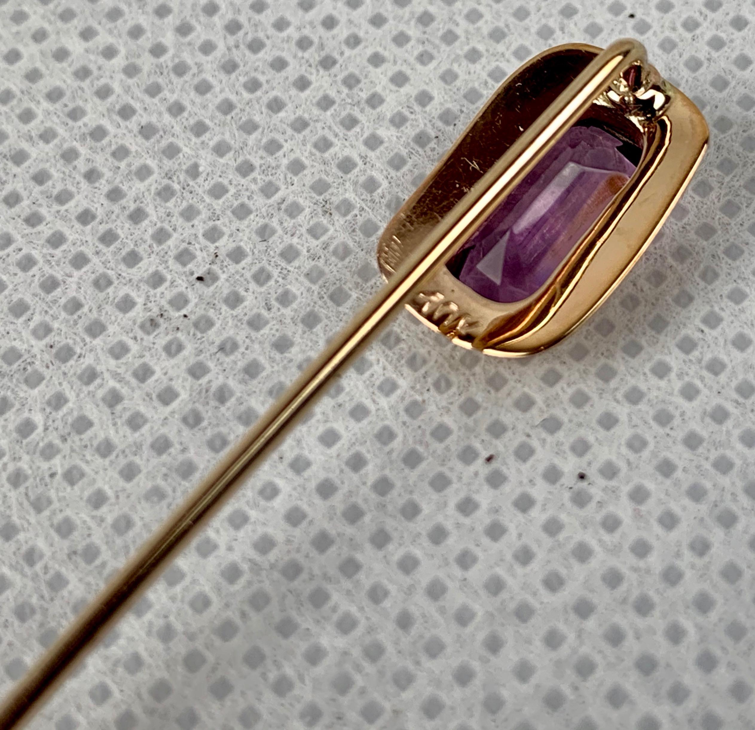 Victorian Stickpin with a Rectangular Frame, Faceted Amethyst & Hand Engraved-10k y.g. For Sale