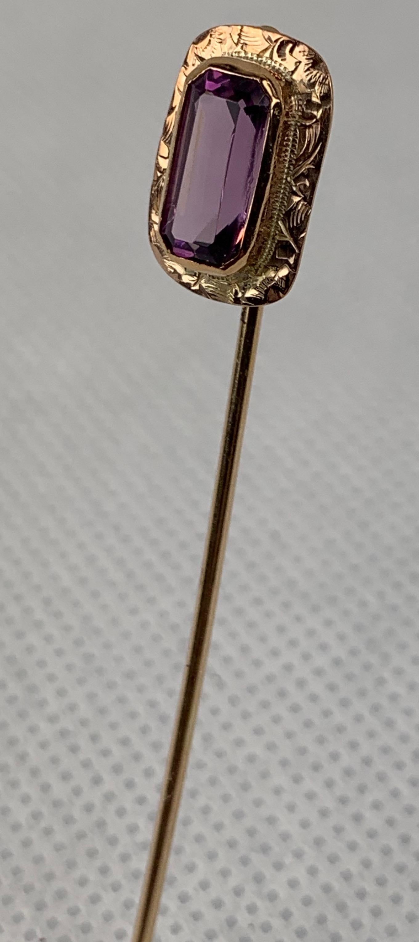 Stickpin with a Rectangular Frame, Faceted Amethyst & Hand Engraved-10k y.g. In Good Condition For Sale In West Palm Beach, FL
