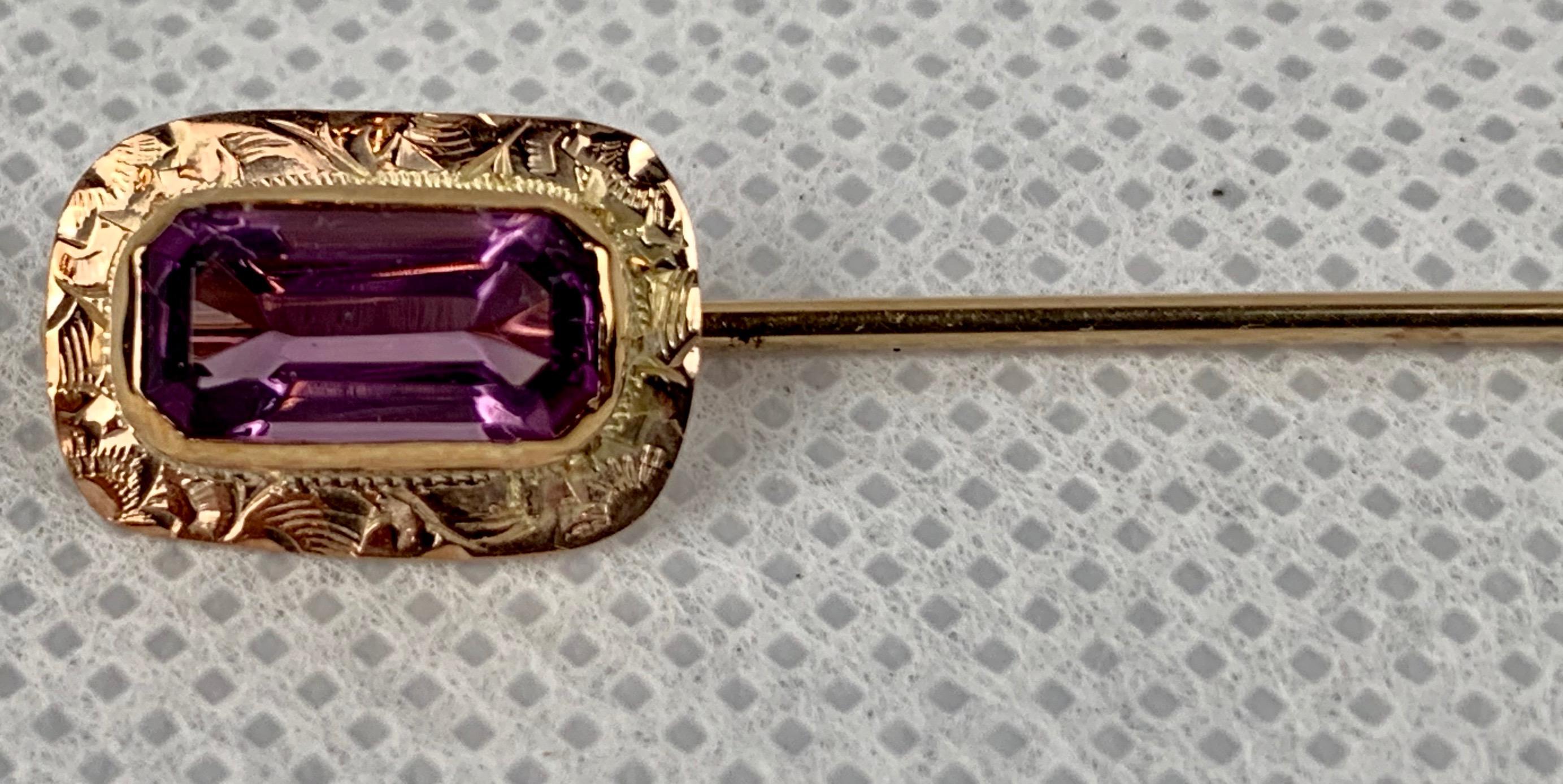 Women's or Men's Stickpin with a Rectangular Frame, Faceted Amethyst & Hand Engraved-10k y.g. For Sale