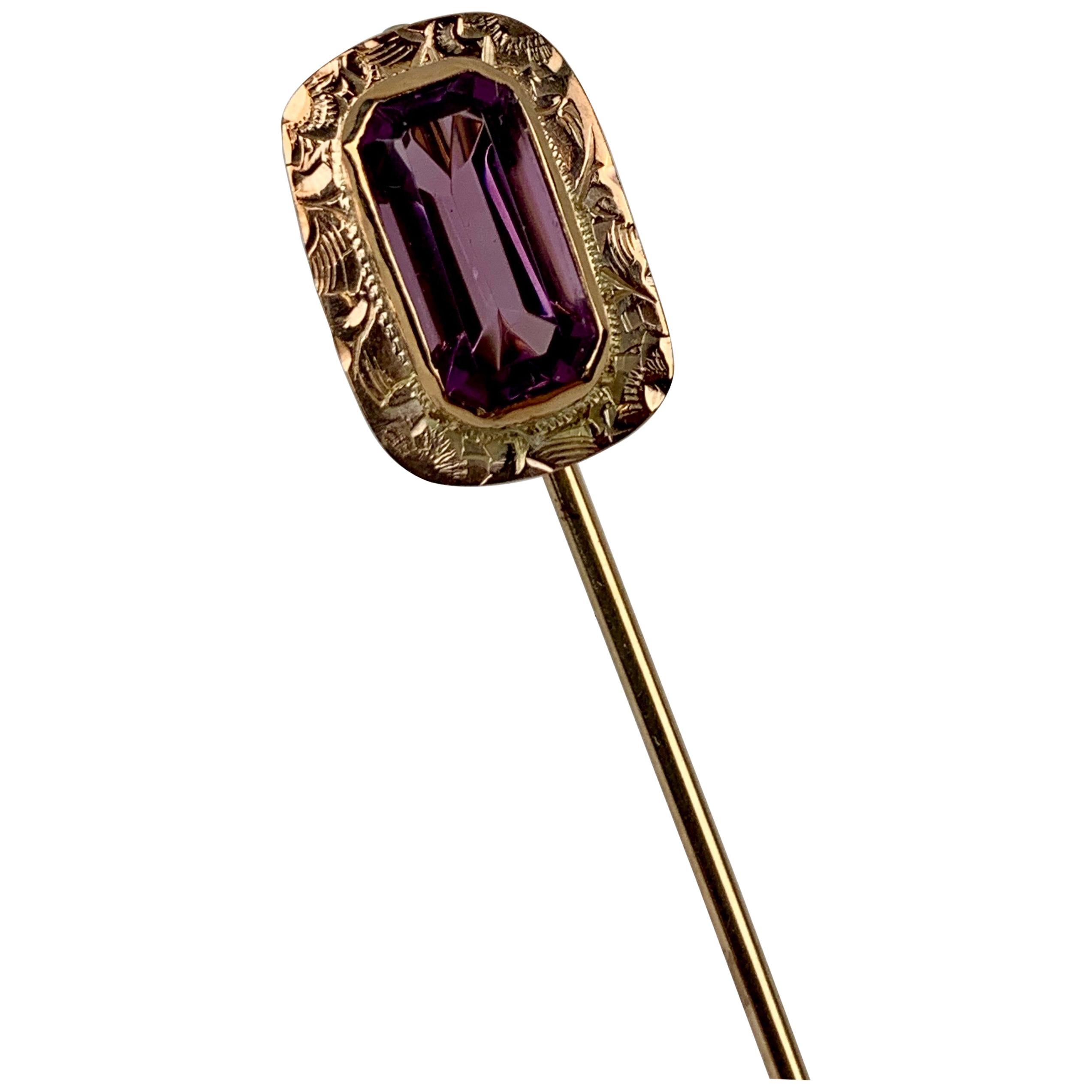 Stickpin with a Rectangular Frame, Faceted Amethyst & Hand Engraved-10k y.g. For Sale