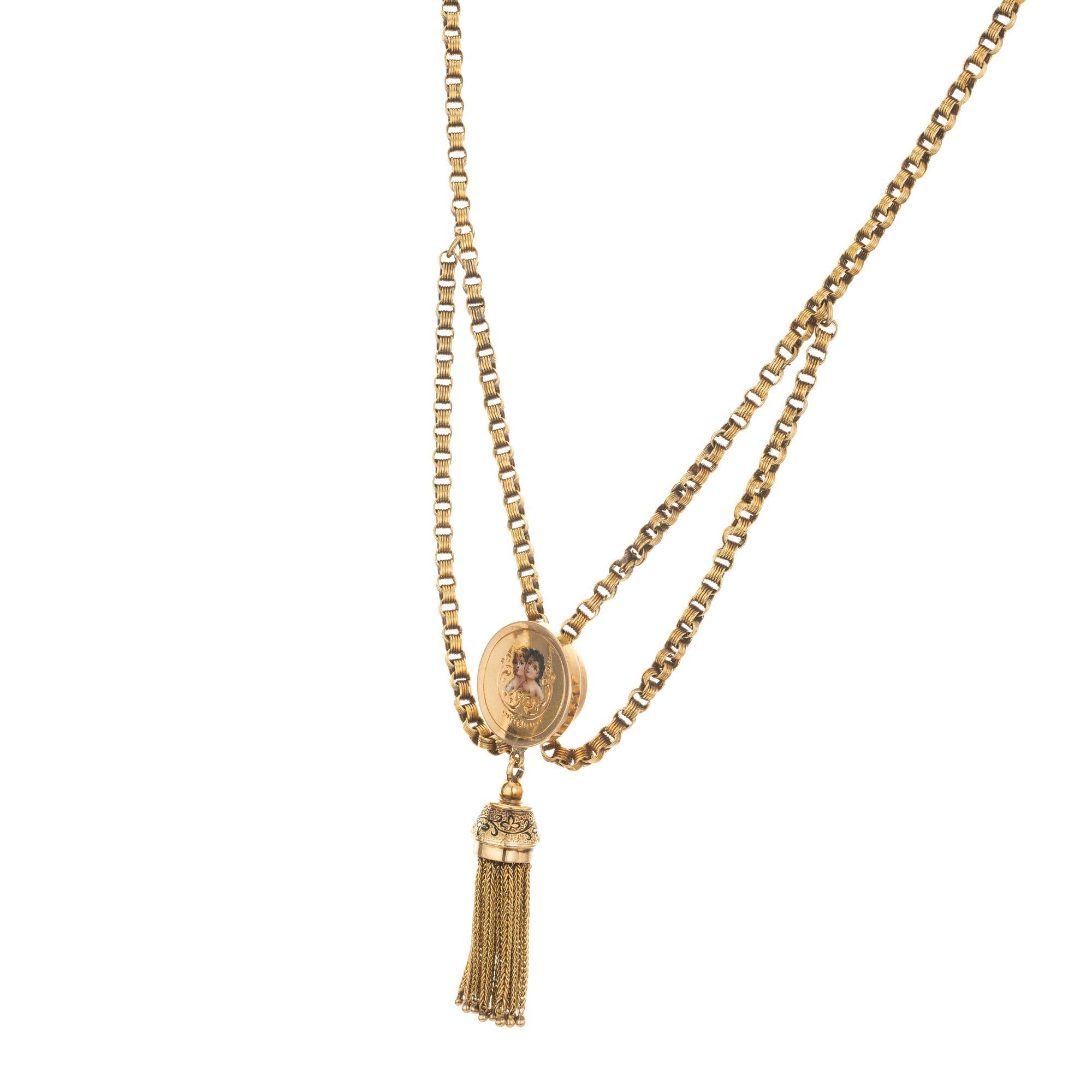 Viktorianische Gold Quaste graviert Emaille Anhänger Halskette im Zustand „Gut“ im Angebot in Stamford, CT