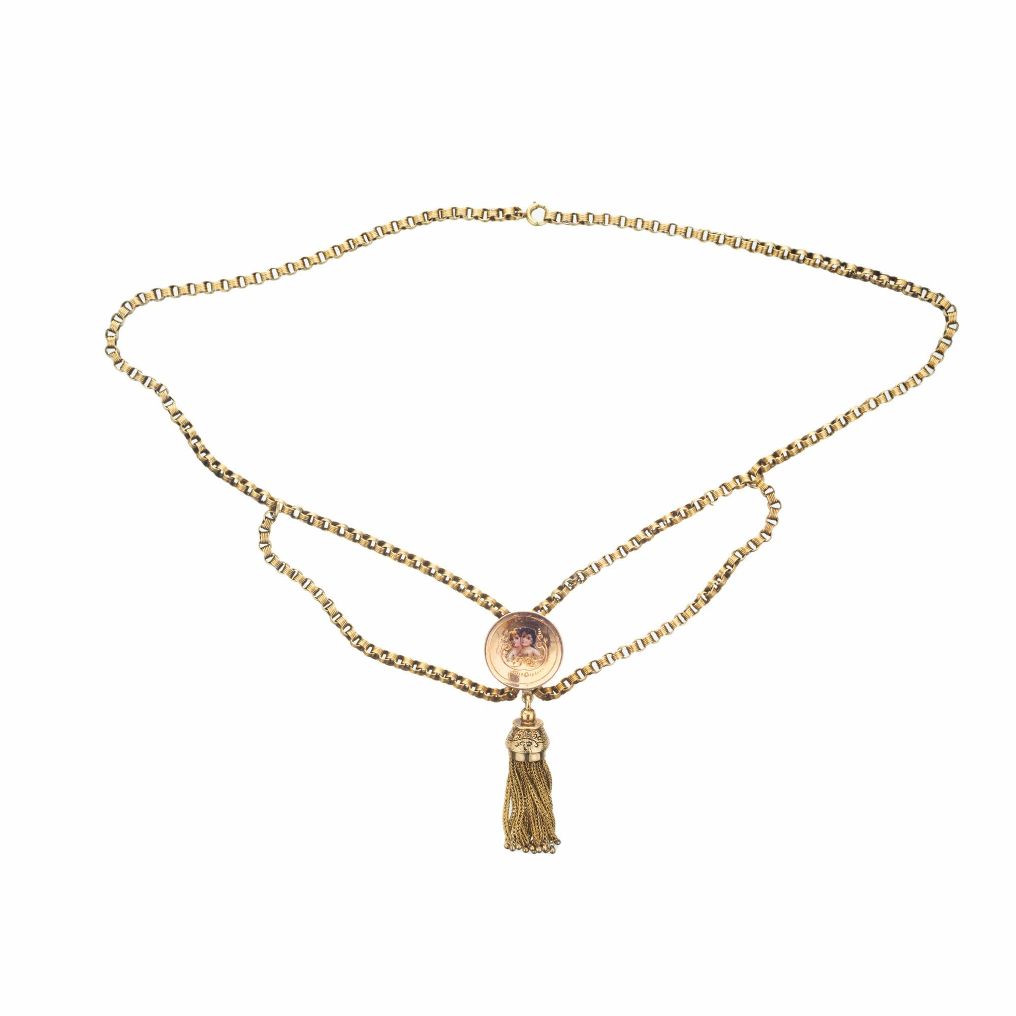 Viktorianische Gold Quaste graviert Emaille Anhänger Halskette Damen im Angebot