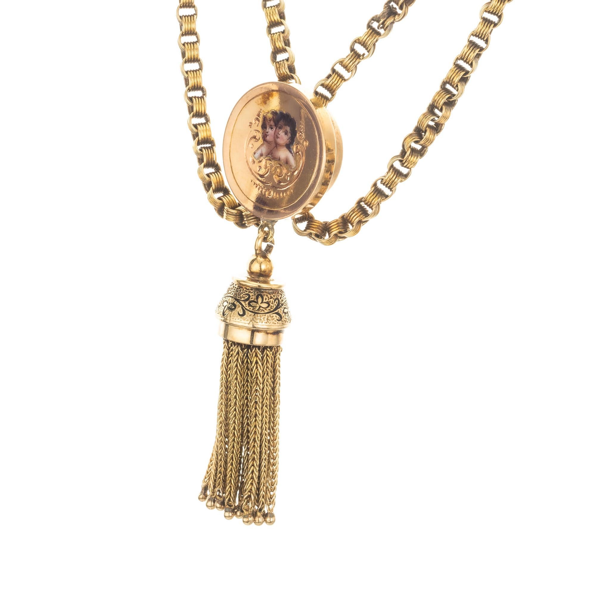 Victorian Gold Tassel Engraved Enamel Pendant Necklace In Good Condition For Sale In Stamford, CT