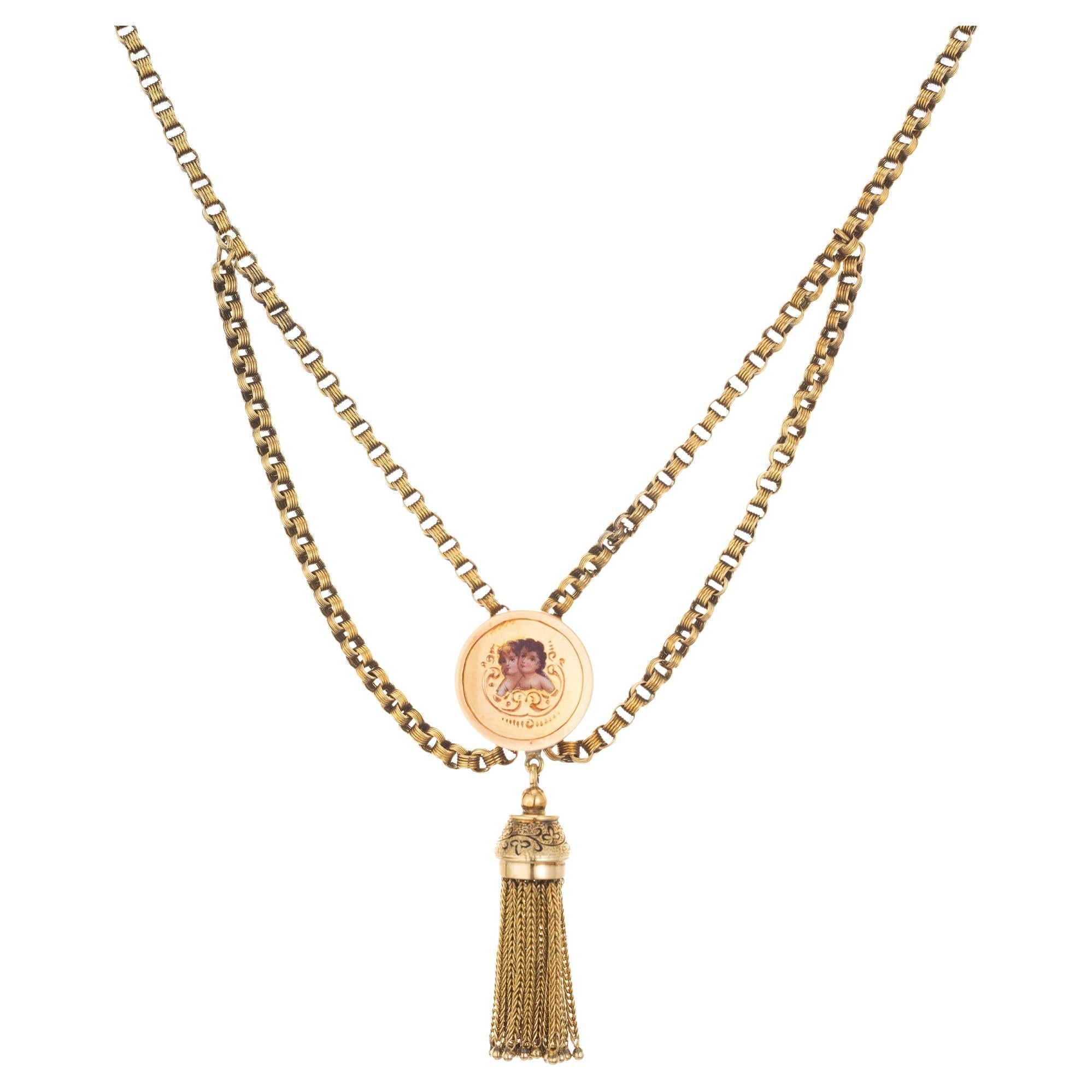 Victorian Gold Tassel Engraved Enamel Pendant Necklace For Sale