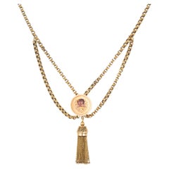 Vintage Victorian Gold Tassel Engraved Enamel Pendant Necklace