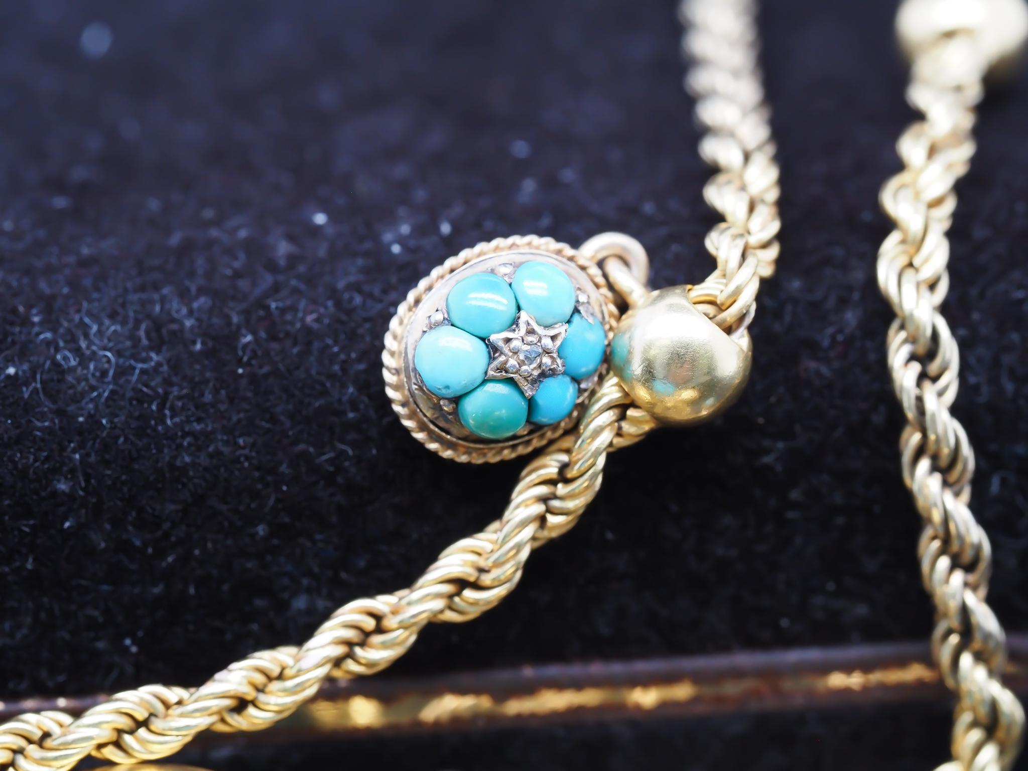 Collier victorien en or, turquoises et diamants taille rose Bon état - En vente à Hicksville, NY
