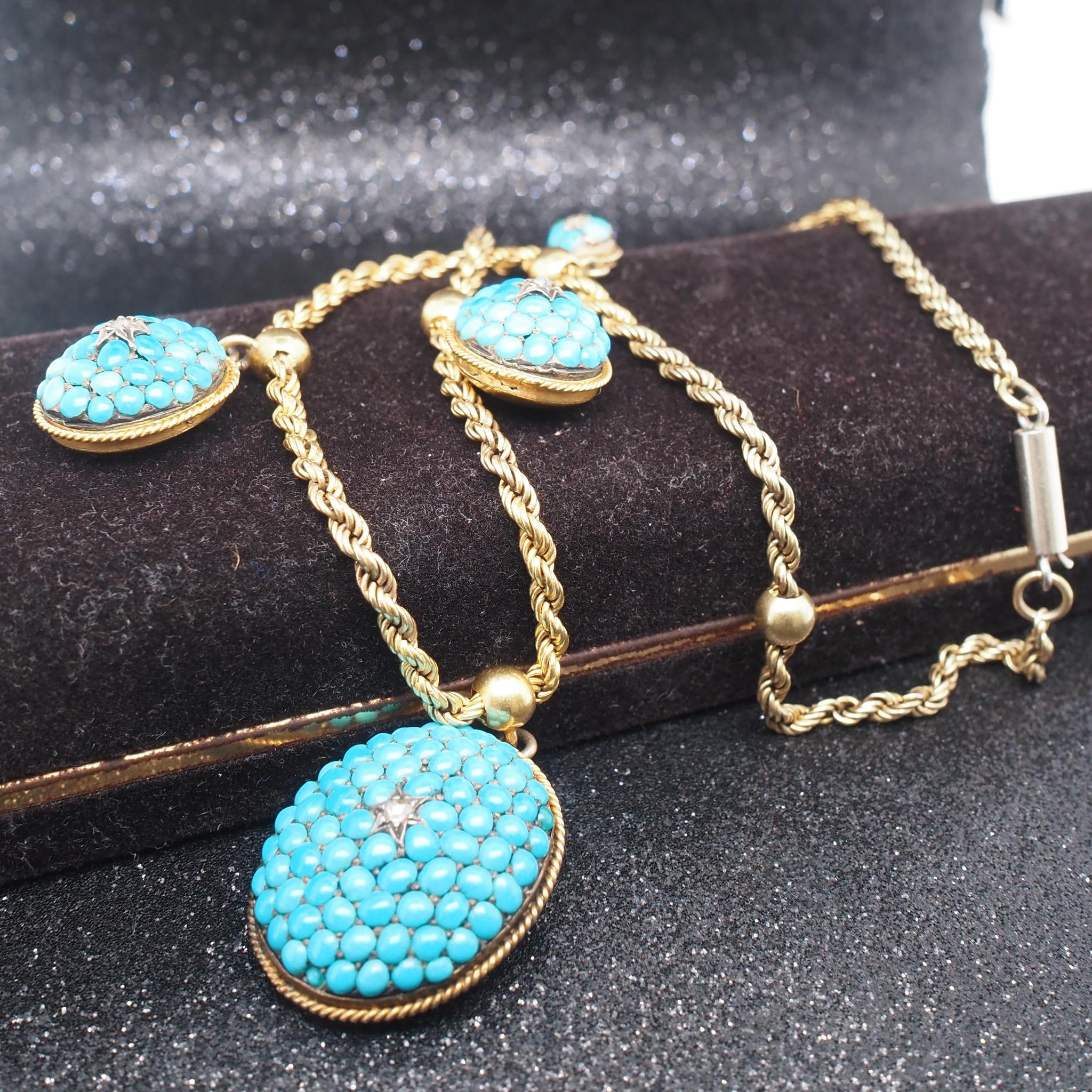 Collier victorien en or, turquoises et diamants taille rose en vente 2