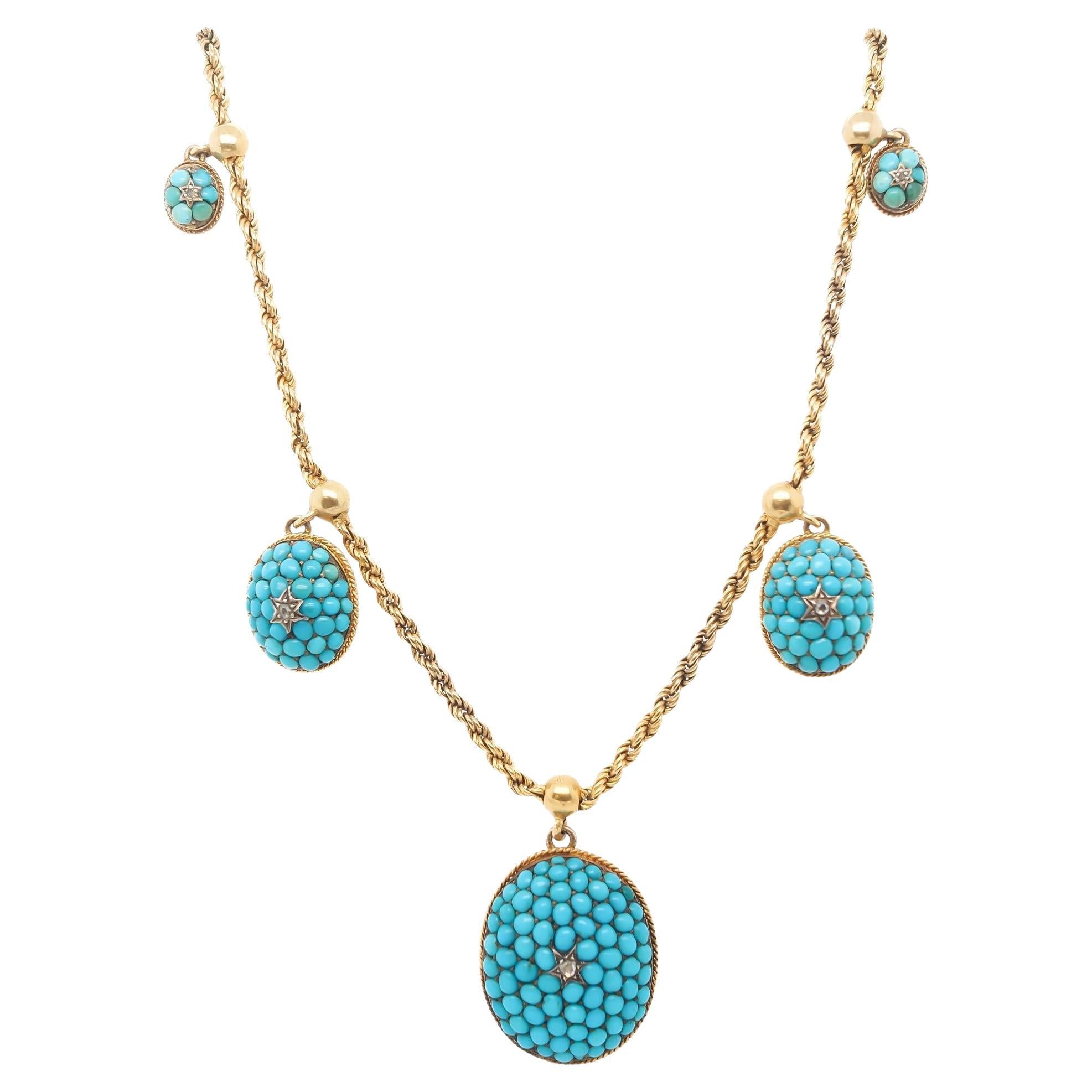 Victorian Gold Turquoise and Rose Cut Diamond Necklace