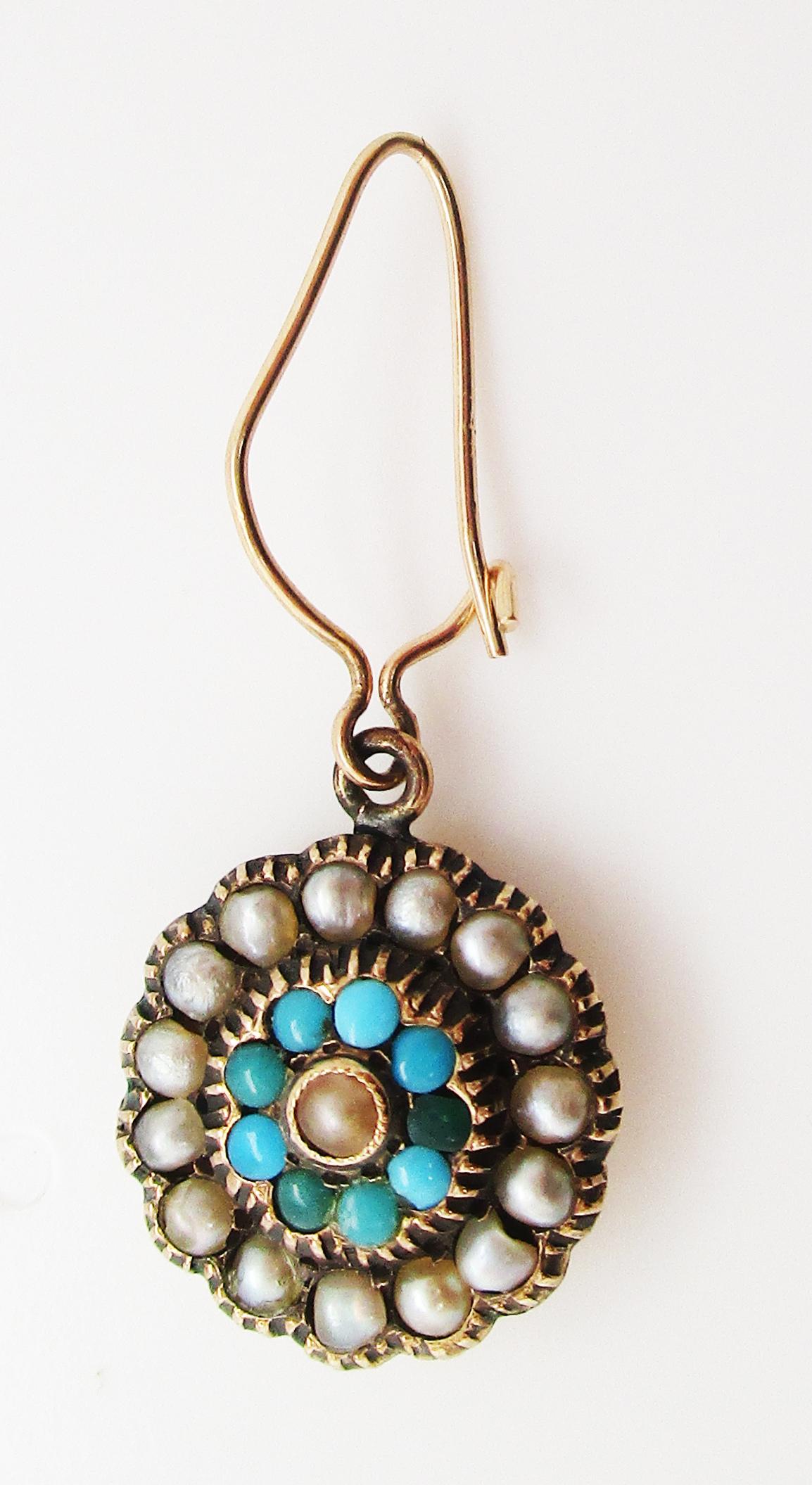 Bead Victorian Gold Turquoise and Seed Pearl Dangle Earrings