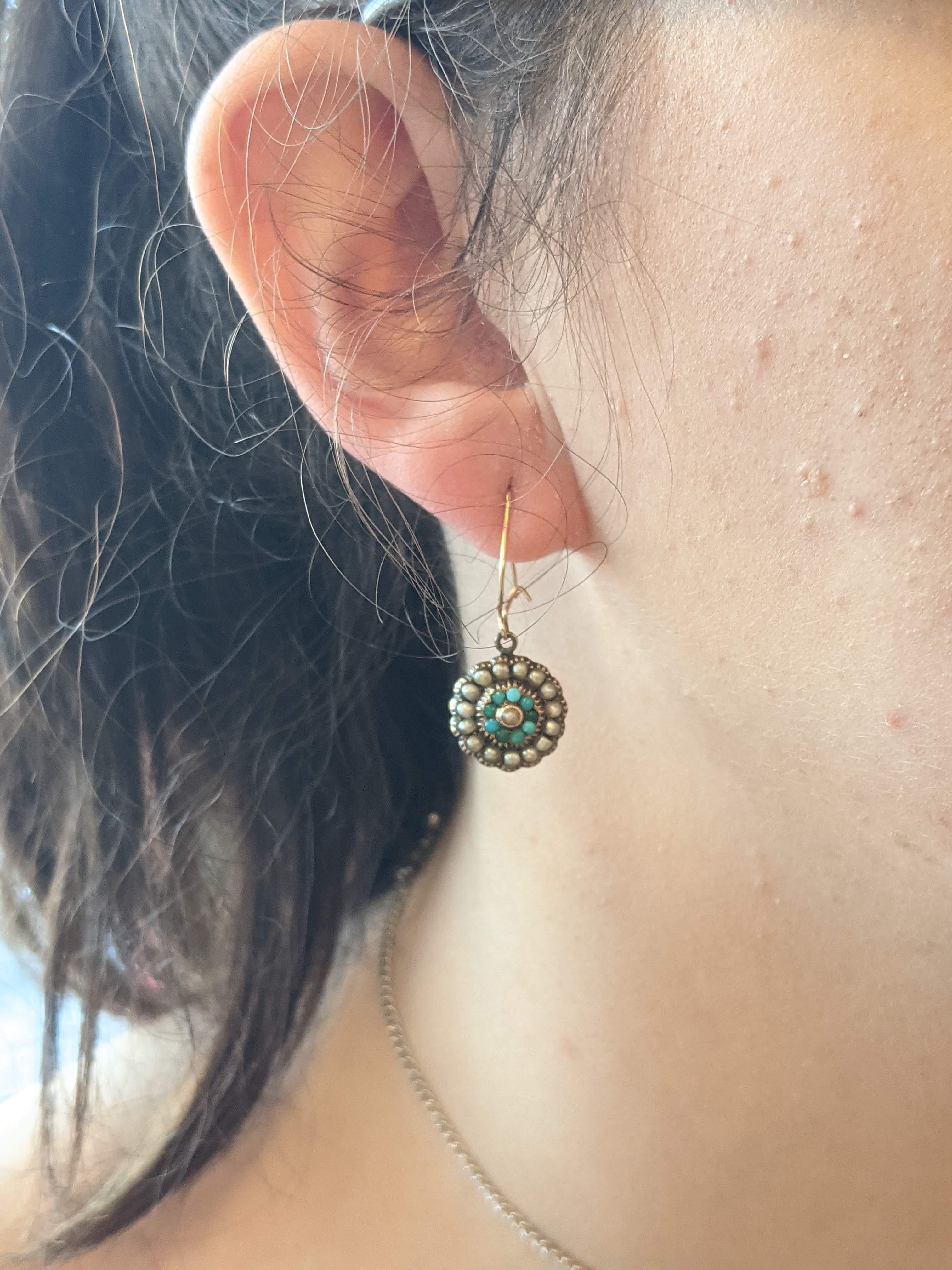 Victorian Gold Turquoise and Seed Pearl Dangle Earrings In Fair Condition In Lexington, KY