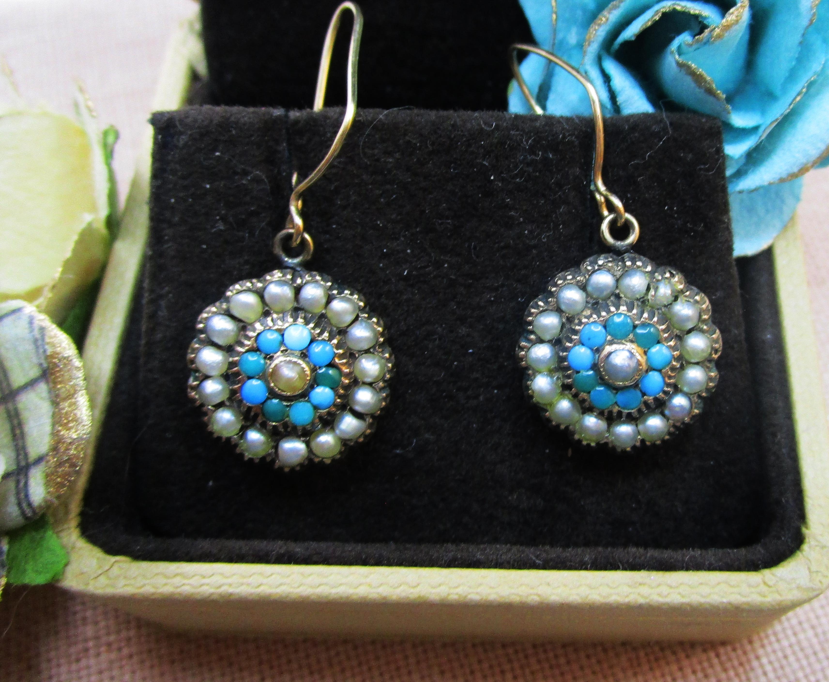 Victorian Gold Turquoise and Seed Pearl Dangle Earrings 1