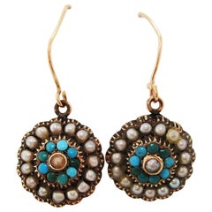 Victorian Gold Turquoise and Seed Pearl Dangle Earrings