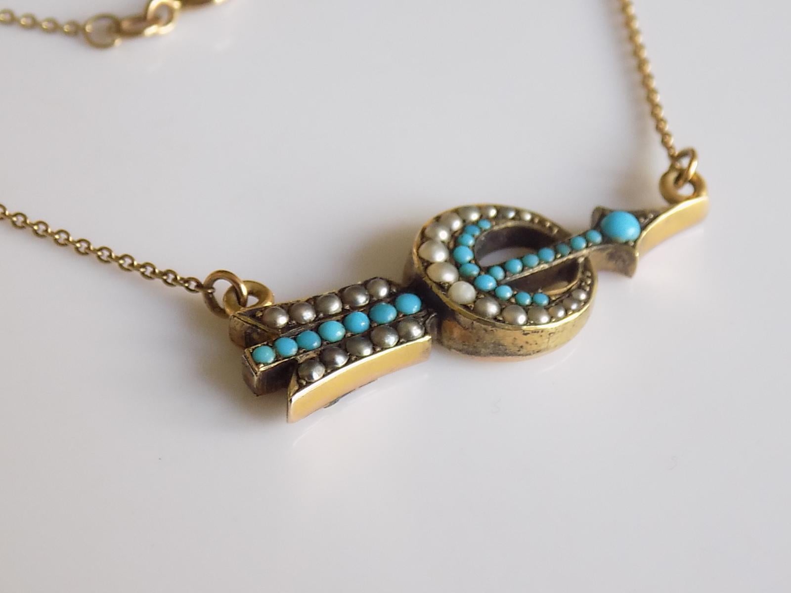 Victorian Gold Turquoise Pearl Arrow Target Crescent Necklace In Fair Condition In Boston, Lincolnshire