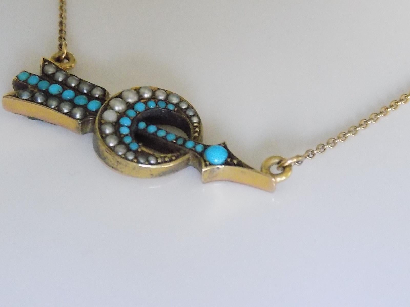 Women's Victorian Gold Turquoise Pearl Arrow Target Crescent Necklace