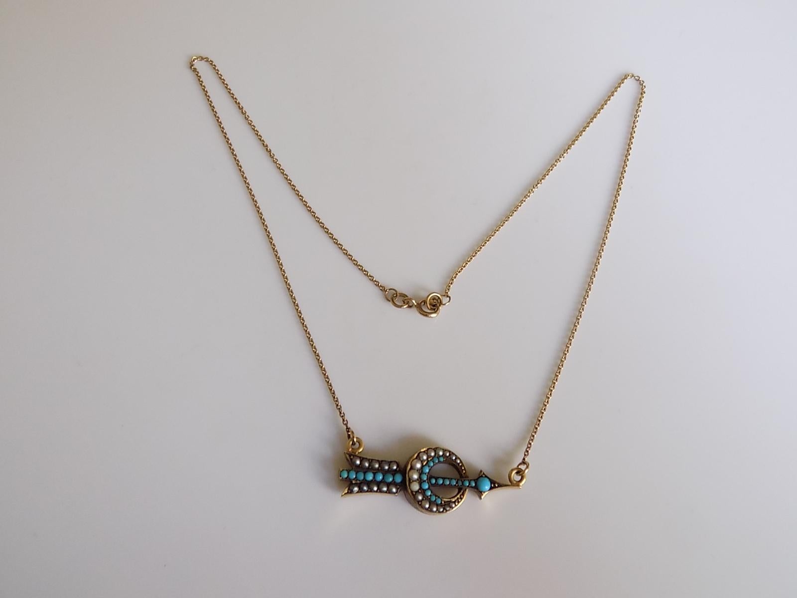Victorian Gold Turquoise Pearl Arrow Target Crescent Necklace 1