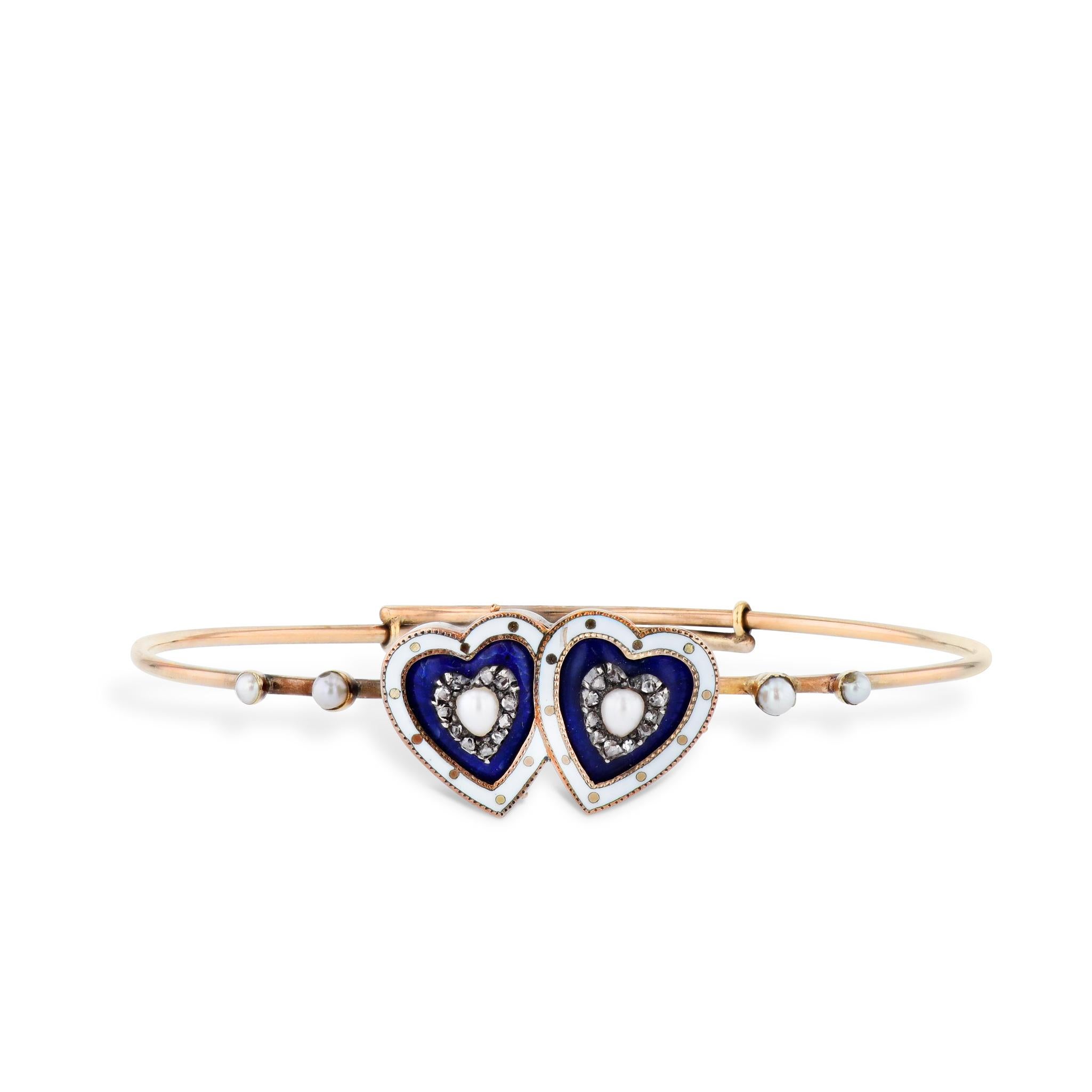 Modern Victorian Gold Twin Hearts Diamond Estate Bracelet For Sale