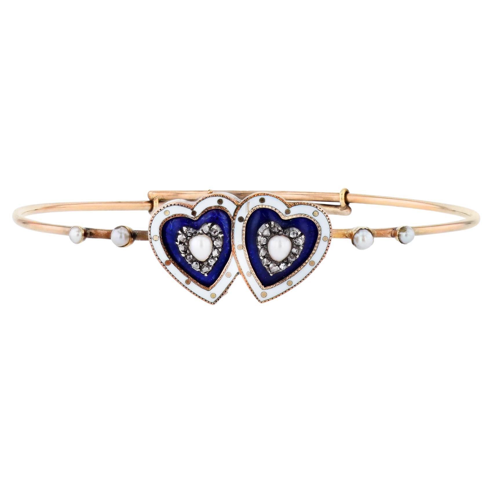 Victorian Gold Twin Hearts Diamond Estate Bracelet For Sale