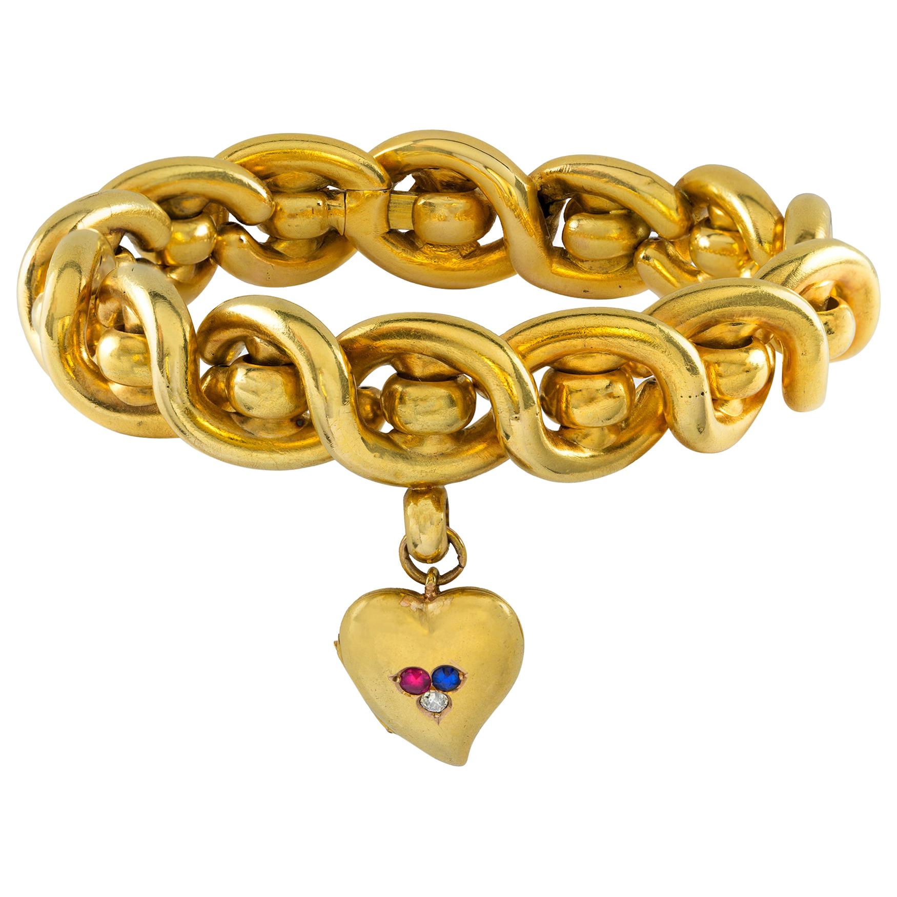 Victorian Gold Twist Bracelet with Gold Locket For Sale