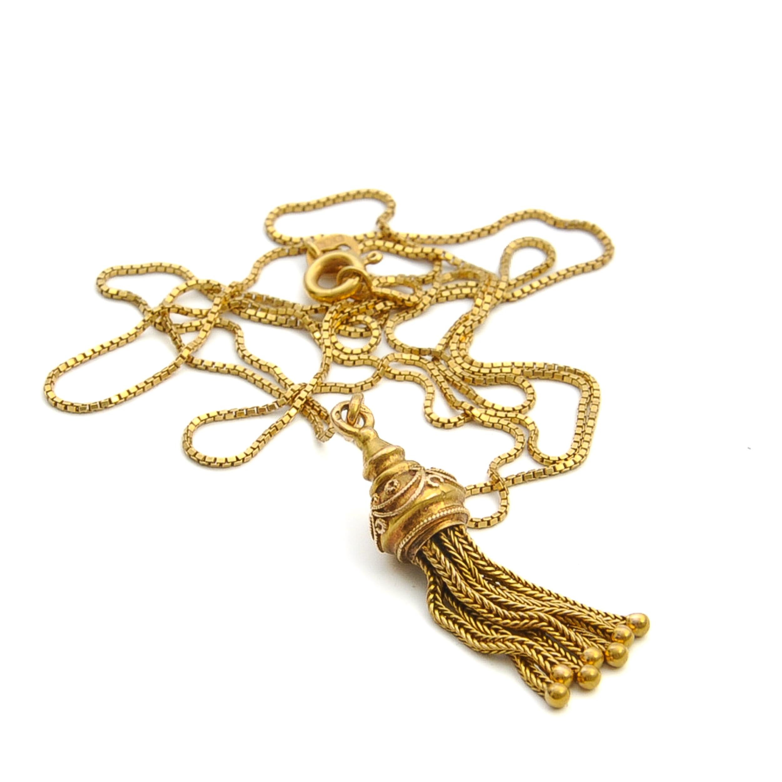 Women's or Men's Antique Victorian Gold Box Chain Tassel Pendant Necklace For Sale